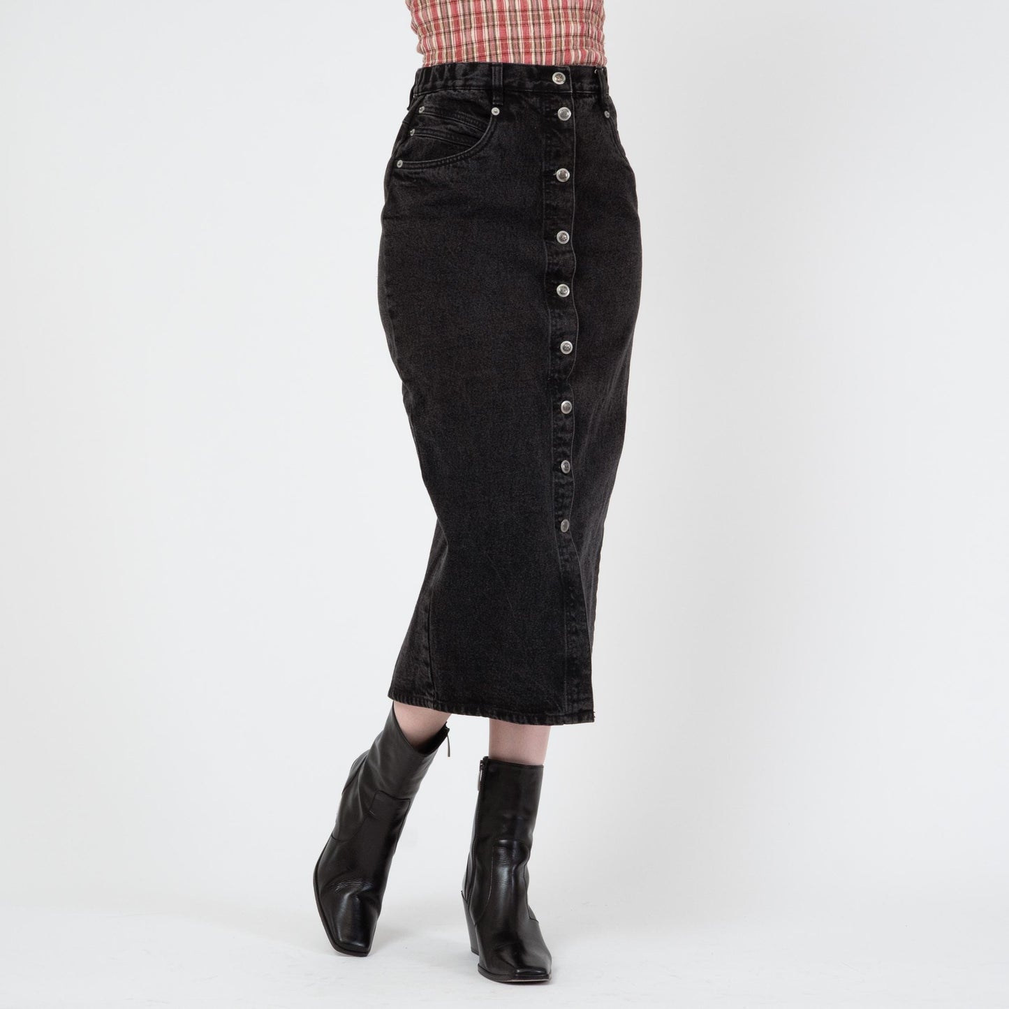 Vintage 80s Black Denim Midi Skirt - Small, 26" Waist | High Waisted Button Front Jean Pencil Skirt
