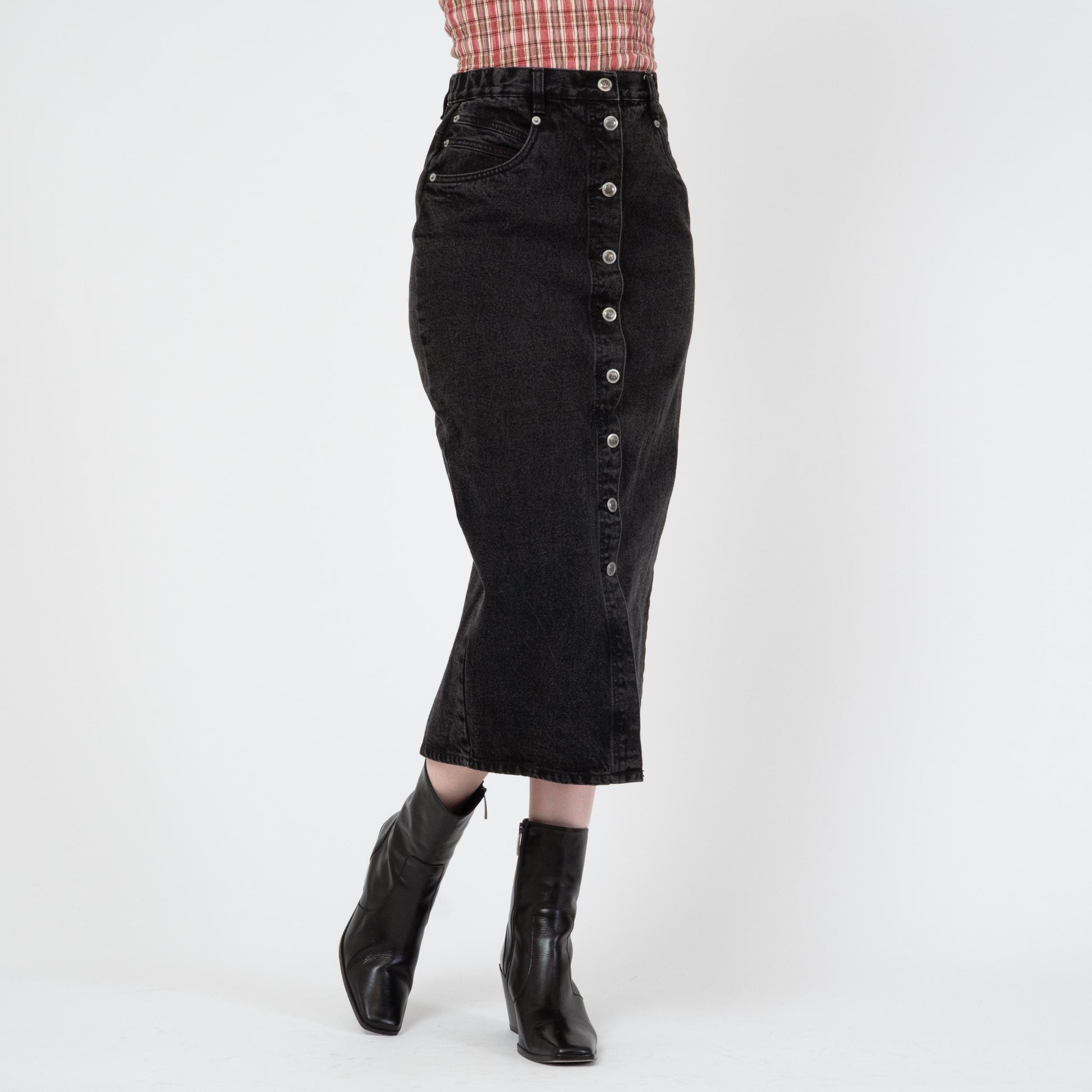 Vintage 80s Black Denim Midi Skirt - Small, 26" Waist | High Waisted Button Front Jean Pencil Skirt