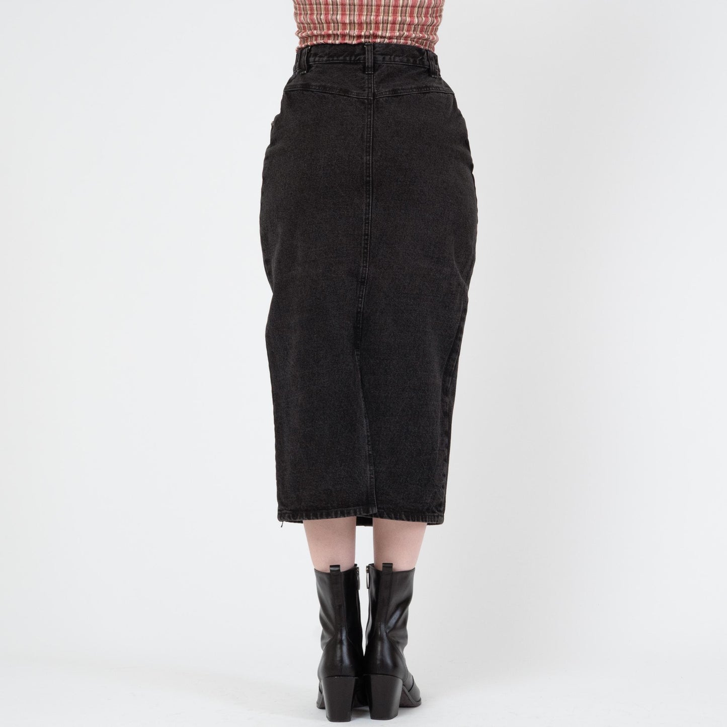 Vintage 80s Black Denim Midi Skirt - Small, 26" Waist | High Waisted Button Front Jean Pencil Skirt