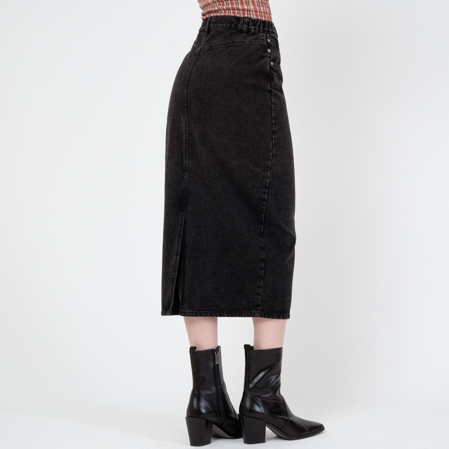 Vintage 80s Black Denim Midi Skirt - Small, 26" Waist | High Waisted Button Front Jean Pencil Skirt