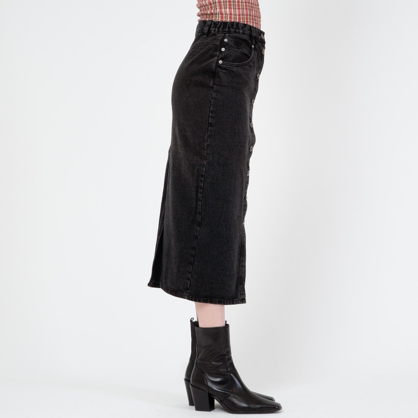 Vintage 80s Black Denim Midi Skirt - Small, 26" Waist | High Waisted Button Front Jean Pencil Skirt