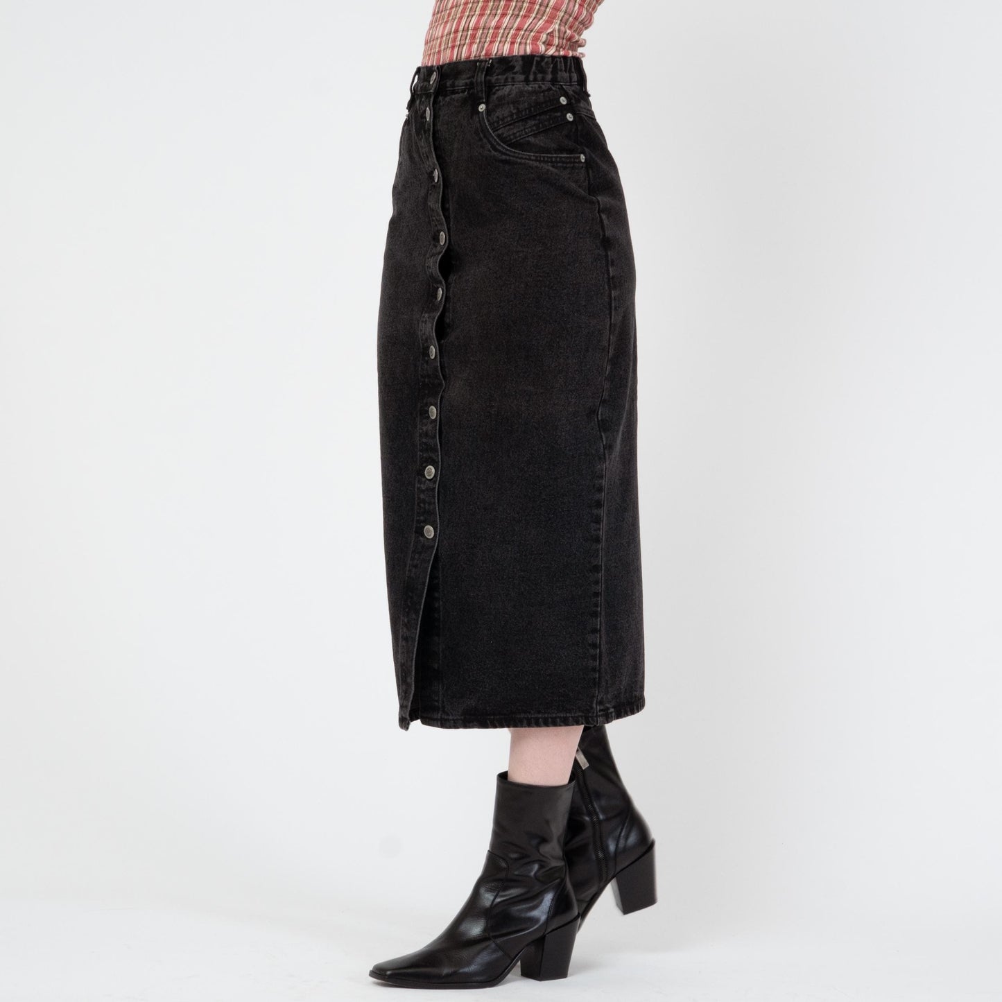 Vintage 80s Black Denim Midi Skirt - Small, 26" Waist | High Waisted Button Front Jean Pencil Skirt