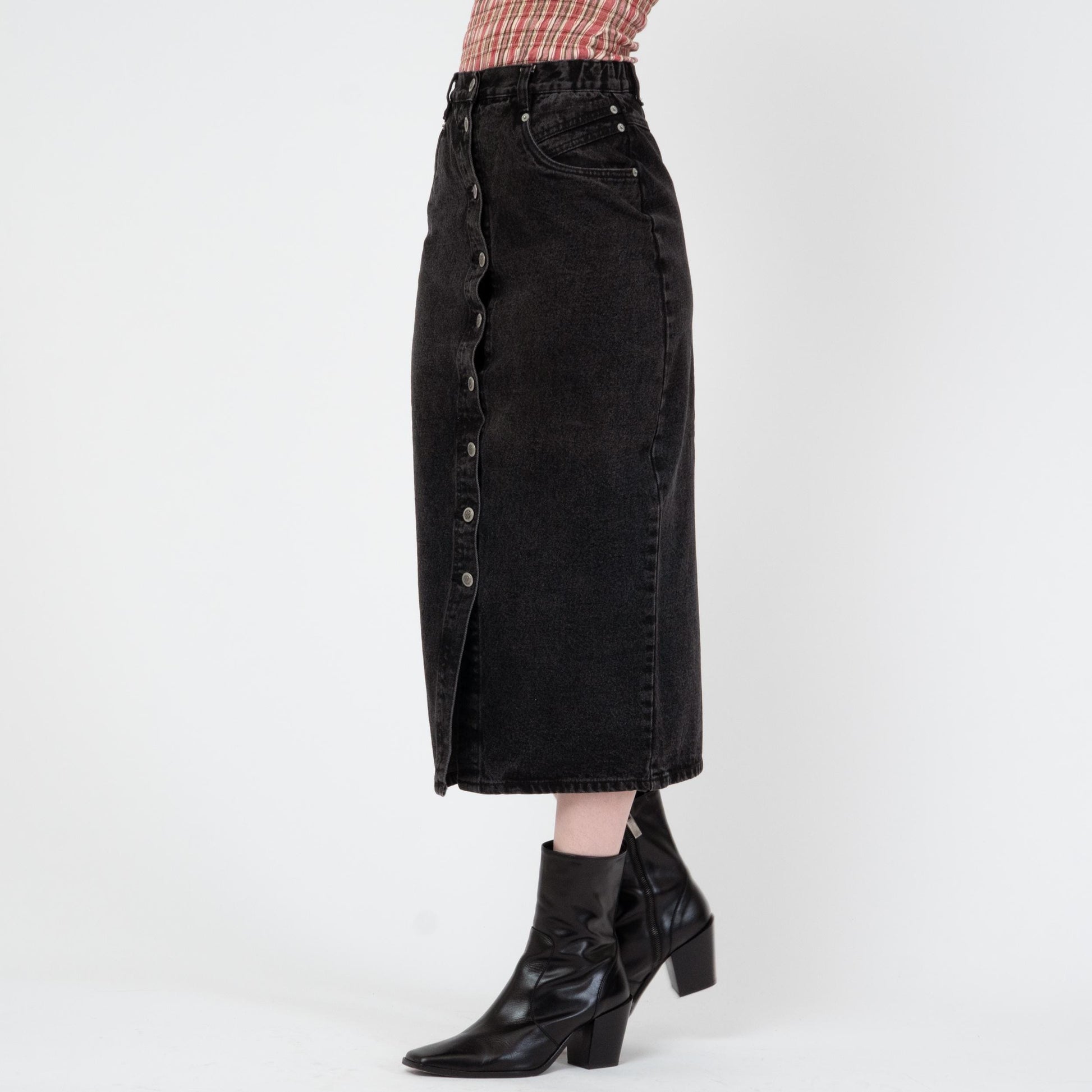 Vintage 80s Black Denim Midi Skirt - Small, 26" Waist | High Waisted Button Front Jean Pencil Skirt