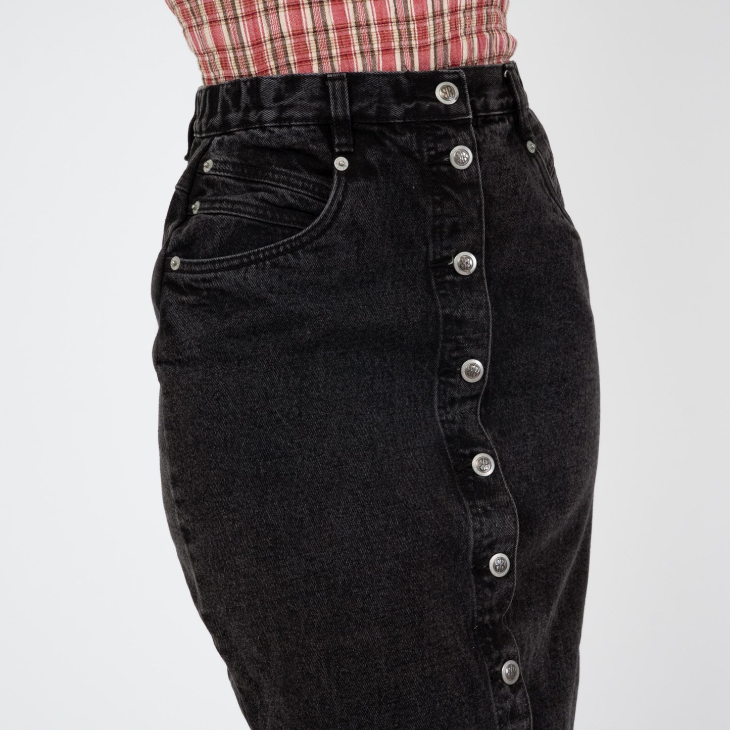 Vintage 80s Black Denim Midi Skirt - Small, 26" Waist | High Waisted Button Front Jean Pencil Skirt