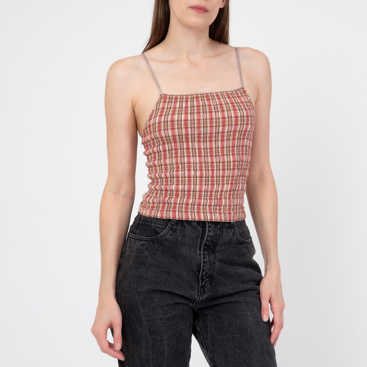 Vintage 90s Red Plaid Seersucker Cami Crop Top - Extra Small | Grunge Cotton Spaghetti Strap Tank