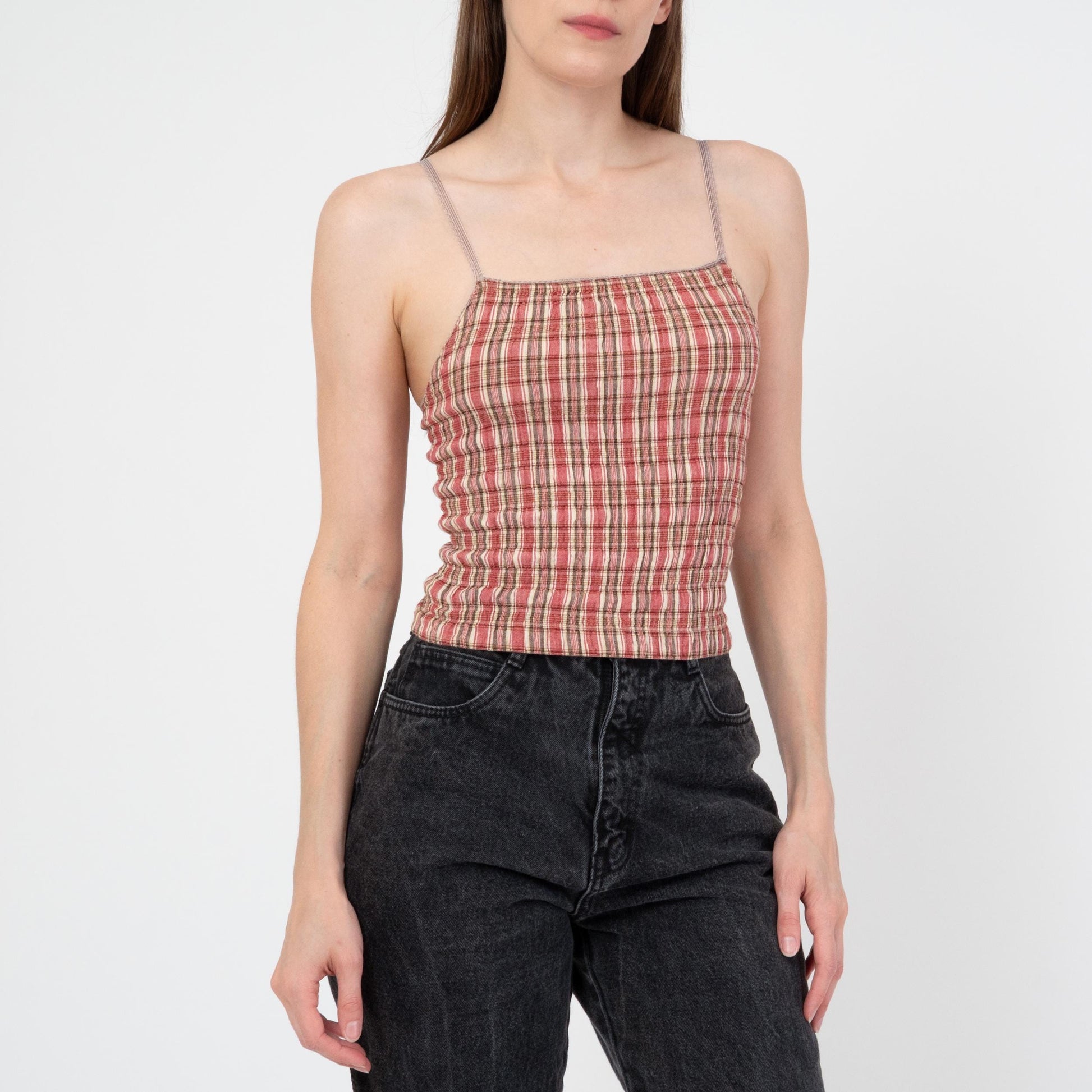 Vintage 90s Red Plaid Seersucker Cami Crop Top - Extra Small | Grunge Cotton Spaghetti Strap Tank