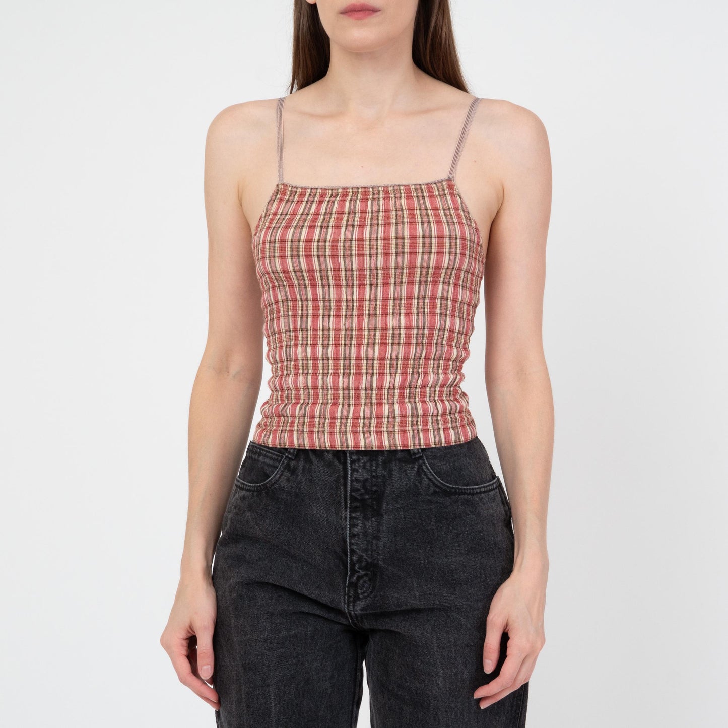 Vintage 90s Red Plaid Seersucker Cami Crop Top - Extra Small | Grunge Cotton Spaghetti Strap Tank