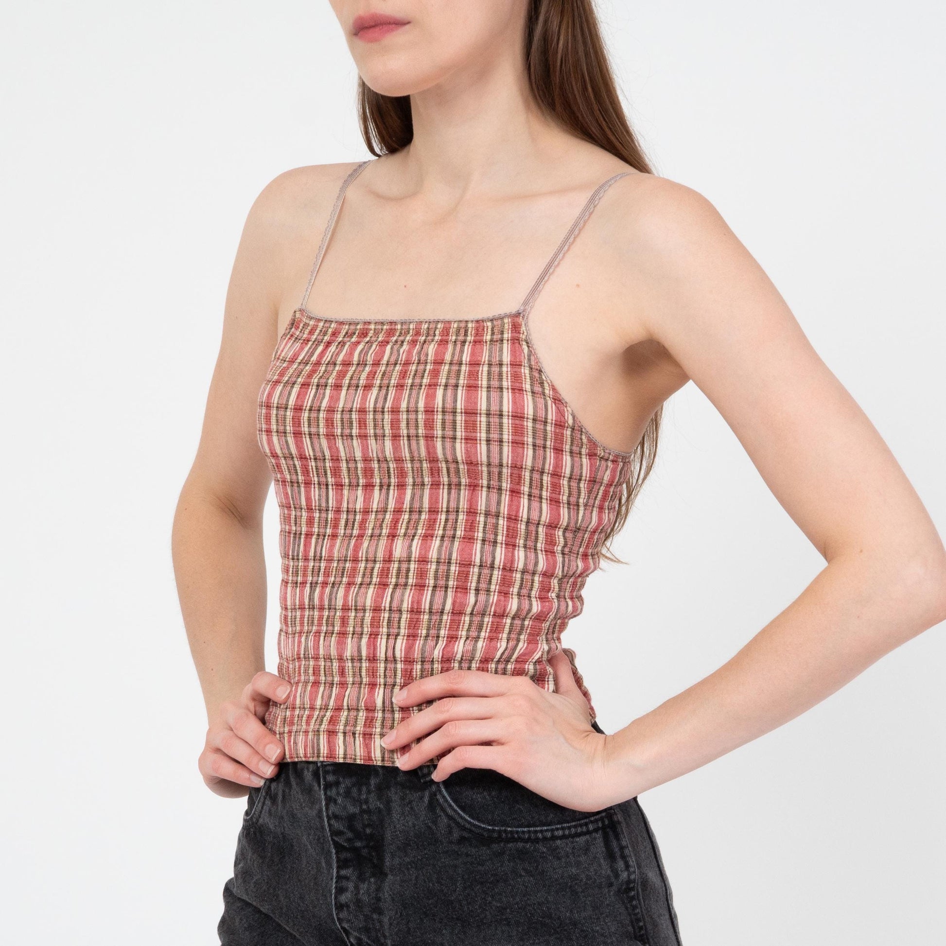 Vintage 90s Red Plaid Seersucker Cami Crop Top - Extra Small | Grunge Cotton Spaghetti Strap Tank