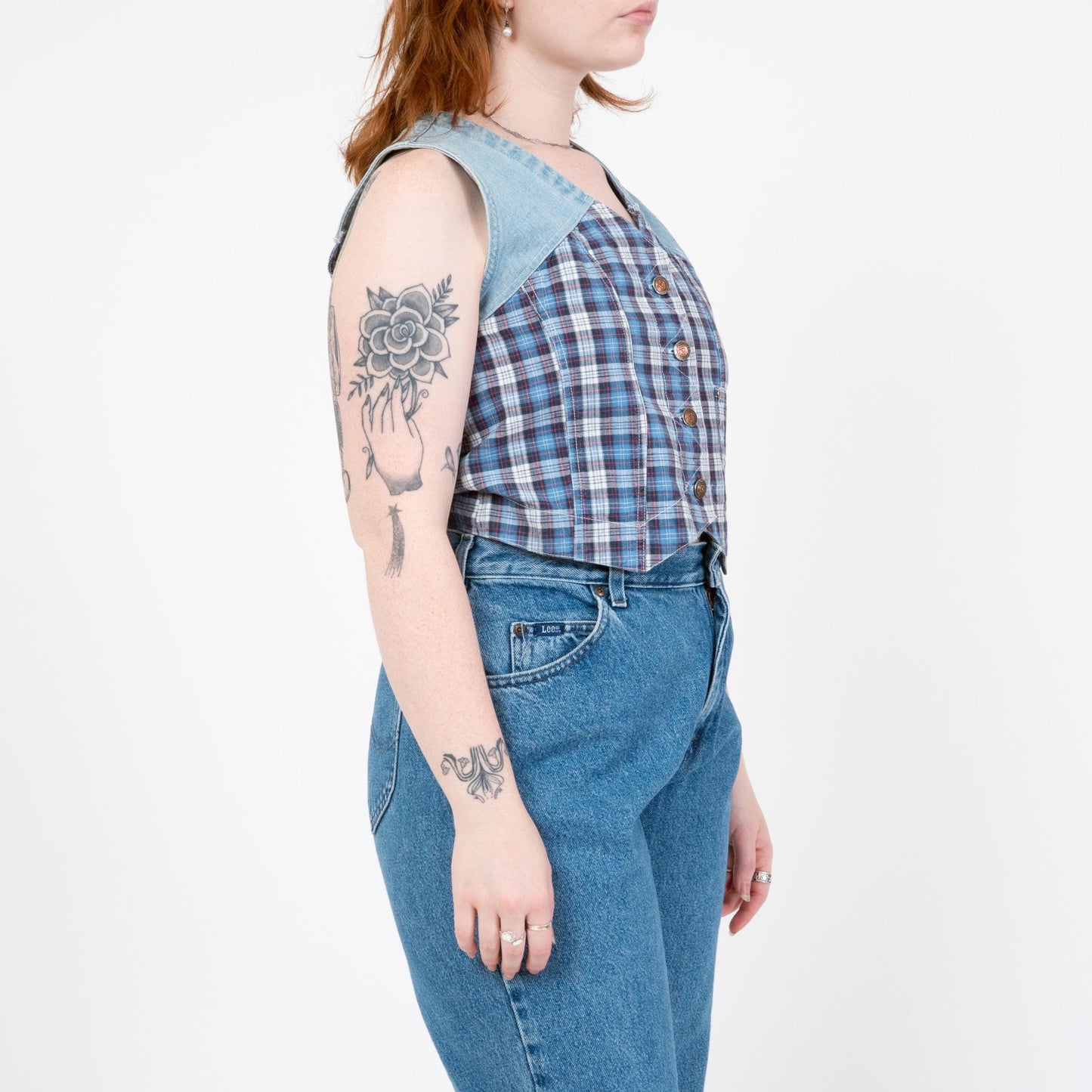 Vintage 90s Denim & Plaid Crop Top Vest - Medium | Grunge Sleeveless Cropped Shirt
