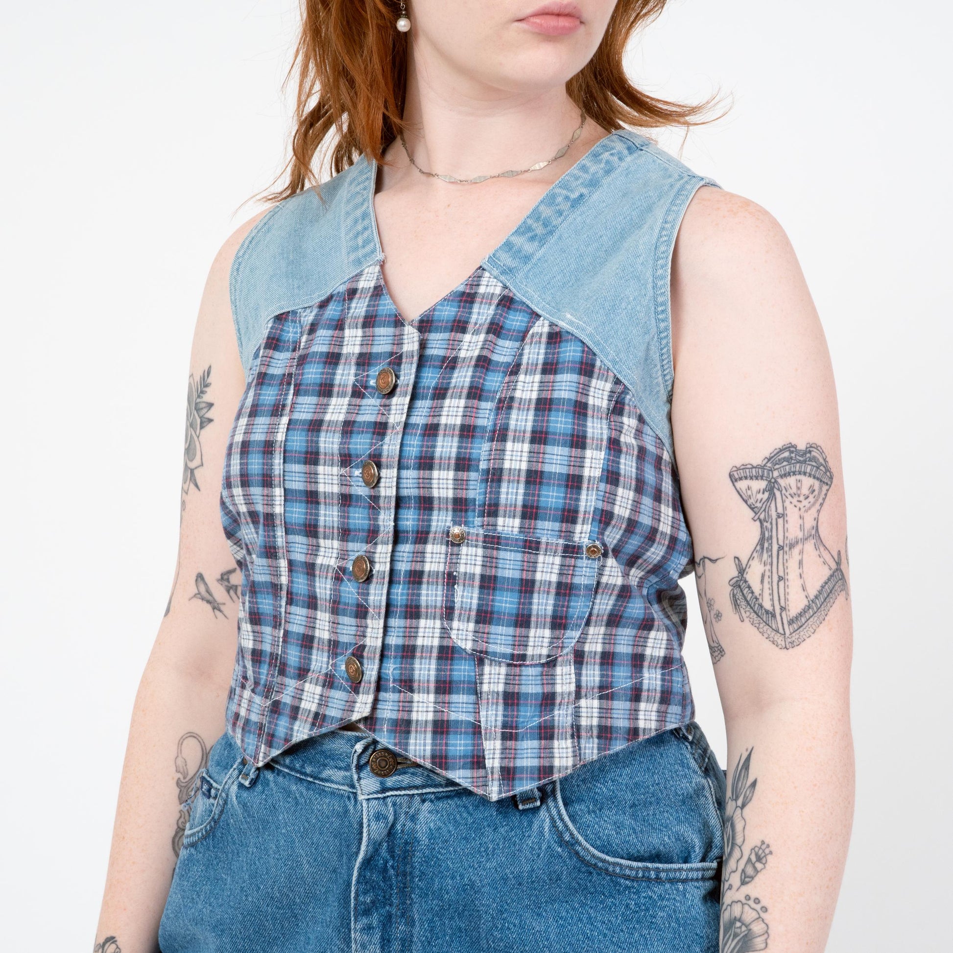 Vintage 90s Denim & Plaid Crop Top Vest - Medium | Grunge Sleeveless Cropped Shirt
