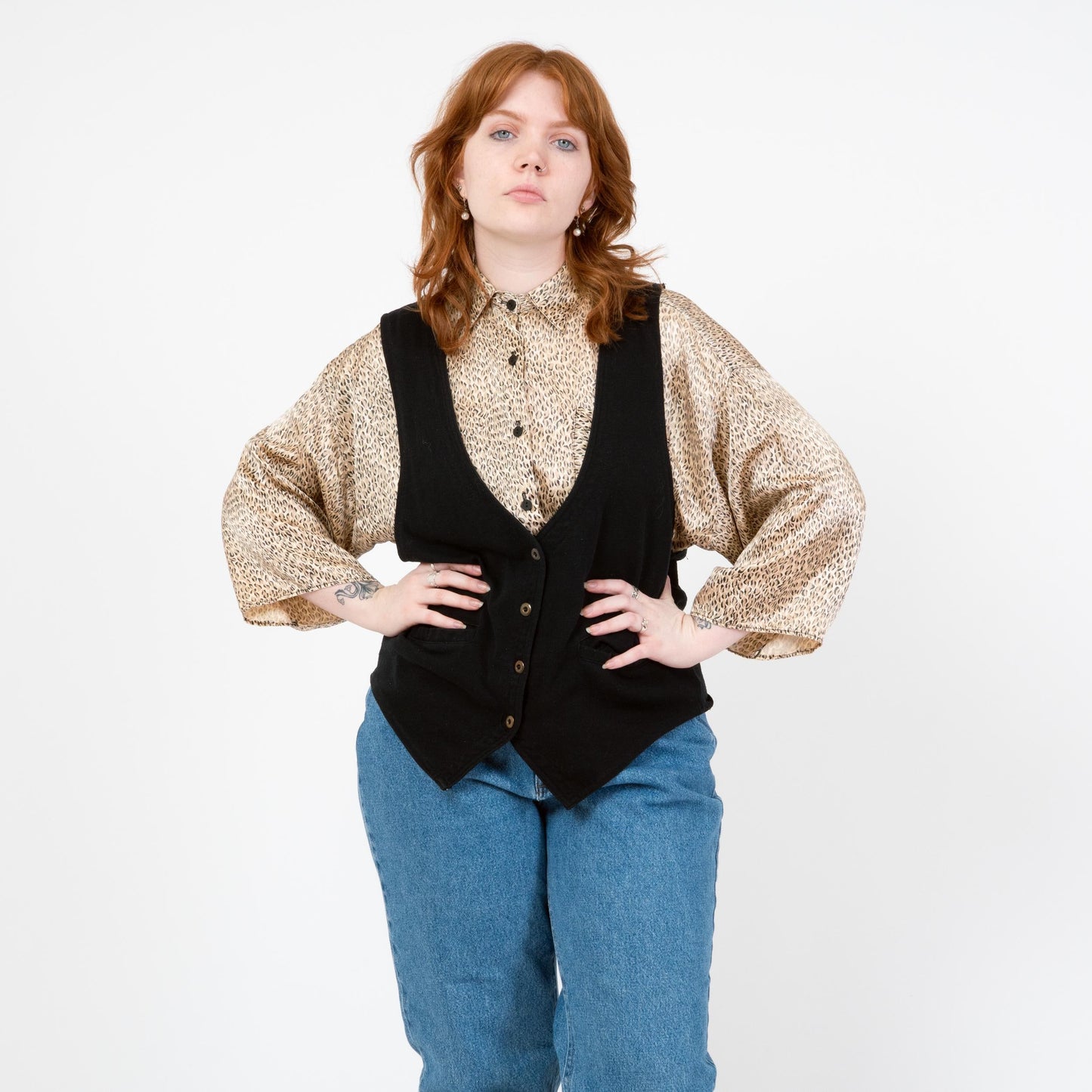 Vintage 90s Black Deep V Vest - Large | Button Up Sleeveless Layering Top