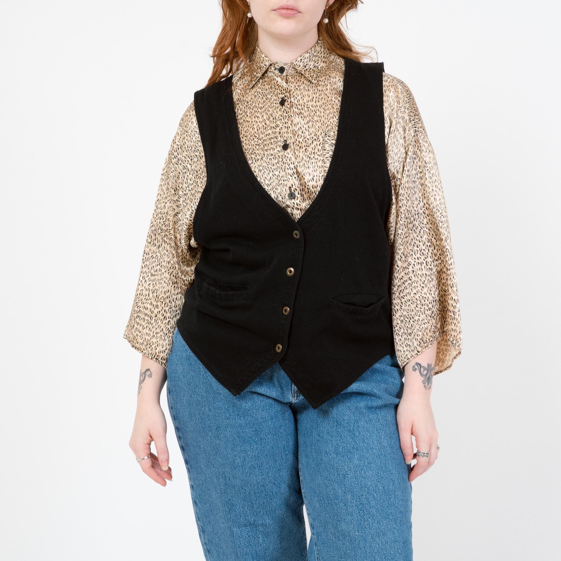 Vintage 90s Black Deep V Vest - Large | Button Up Sleeveless Layering Top