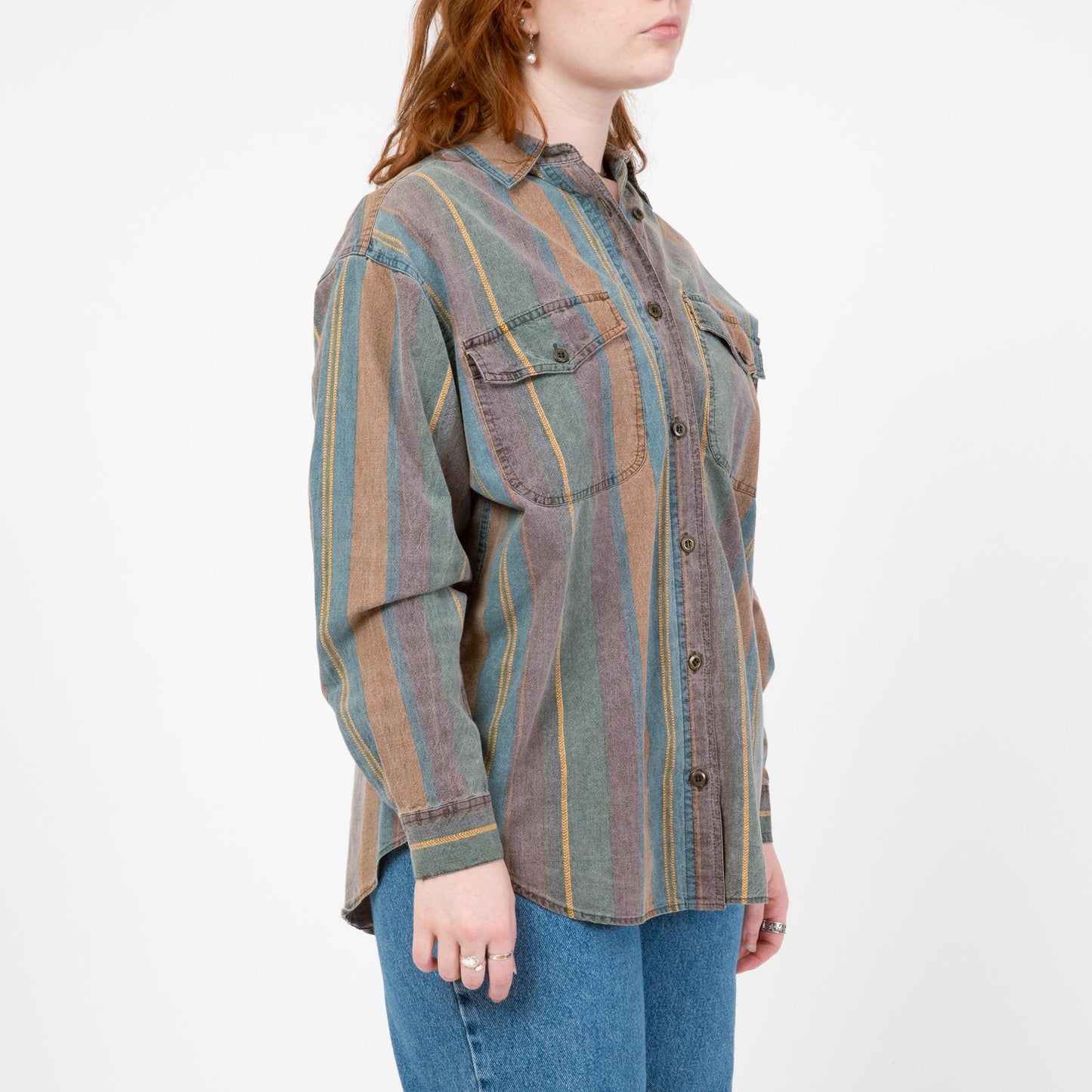 Vintage 90s Striped Chambray Collared Shirt - Medium | Long Sleeve Faded Denim Button Up Top
