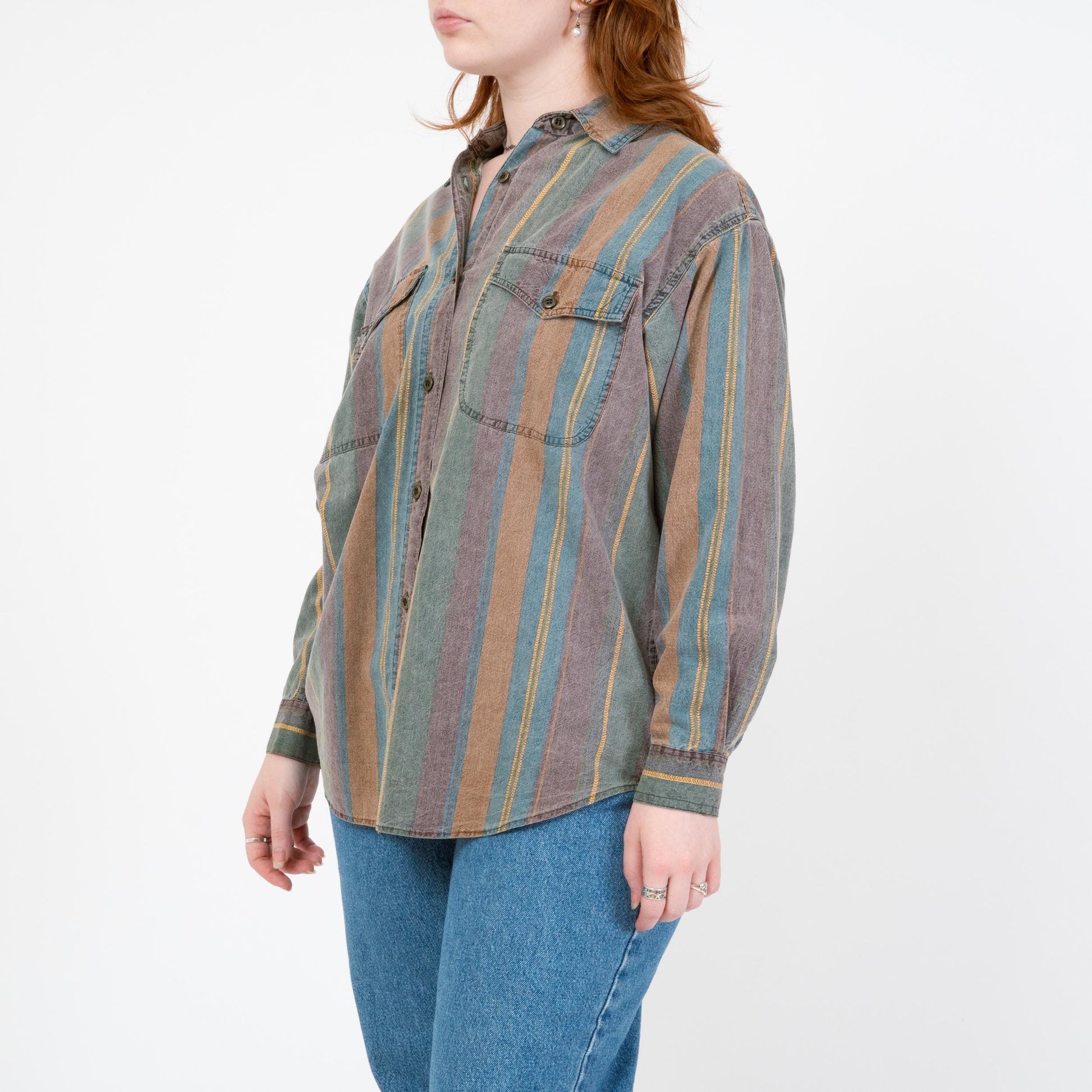 Vintage 90s Striped Chambray Collared Shirt - Medium | Long Sleeve Faded Denim Button Up Top
