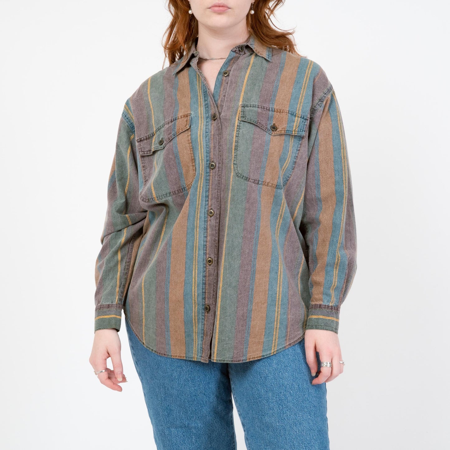Vintage 90s Striped Chambray Collared Shirt - Medium | Long Sleeve Faded Denim Button Up Top