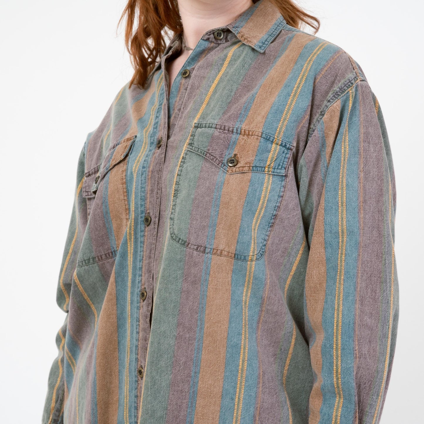 Vintage 90s Striped Chambray Collared Shirt - Medium | Long Sleeve Faded Denim Button Up Top