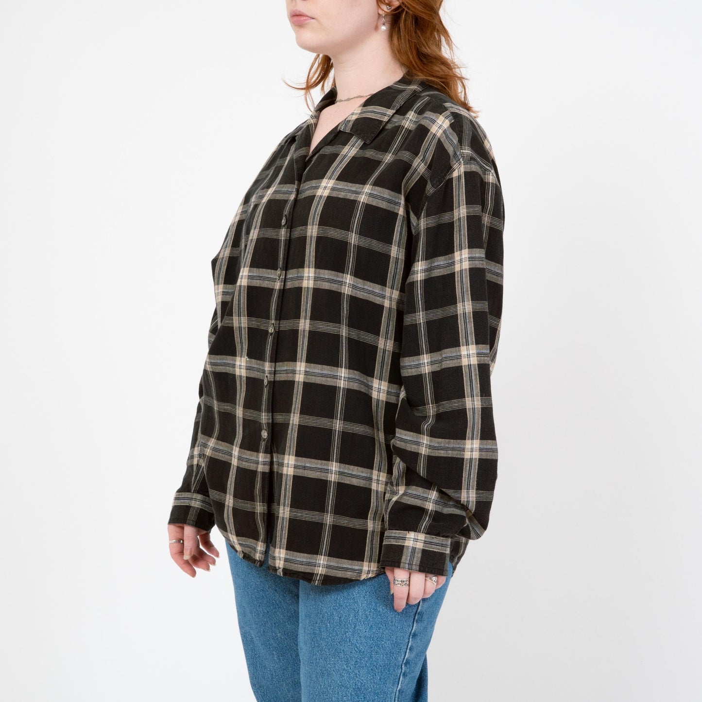 Vintage 90s Black & White Plaid Linen Shirt - Extra Large | Long Sleeve Collared Top