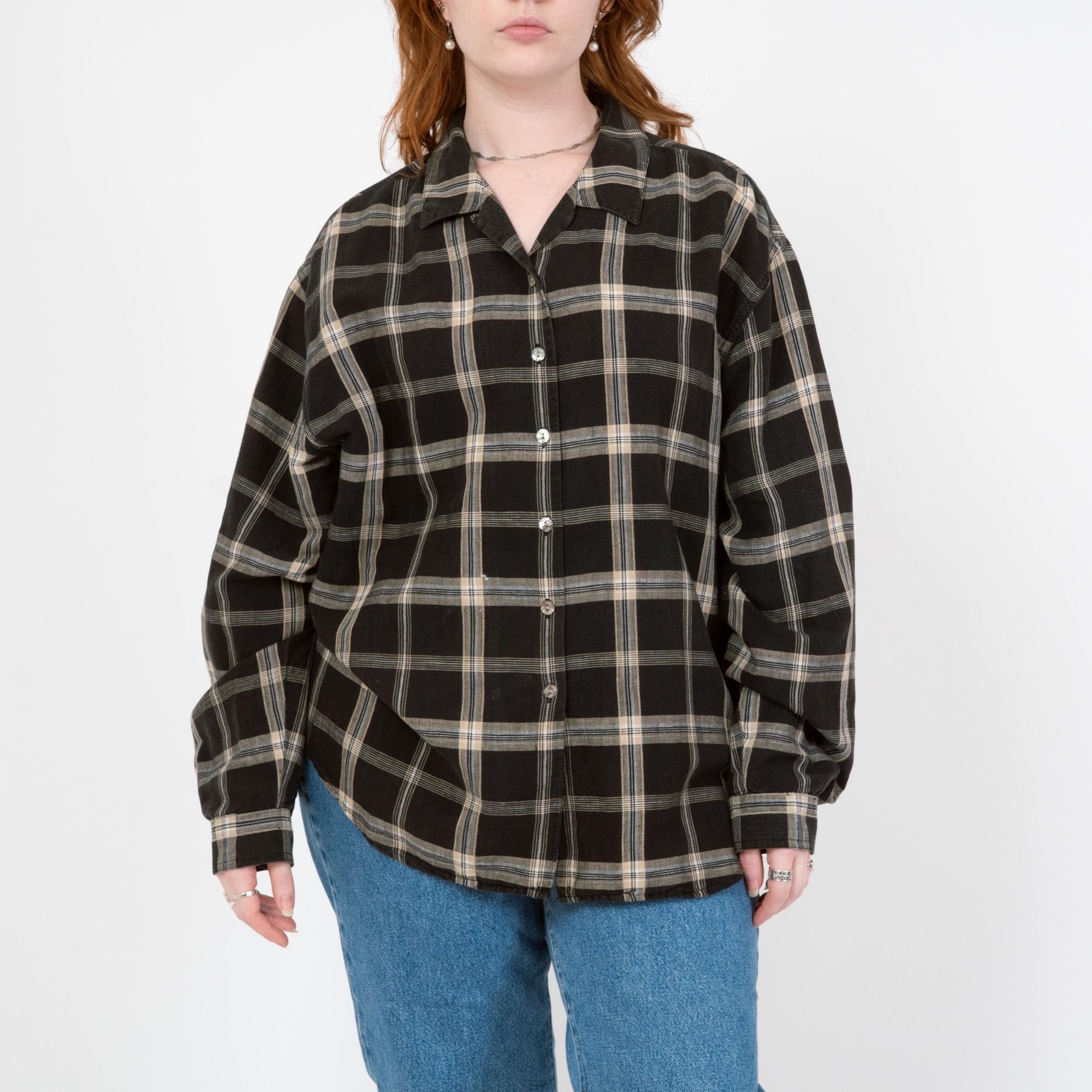 Vintage 90s Black & White Plaid Linen Shirt - Extra Large | Long Sleeve Collared Top