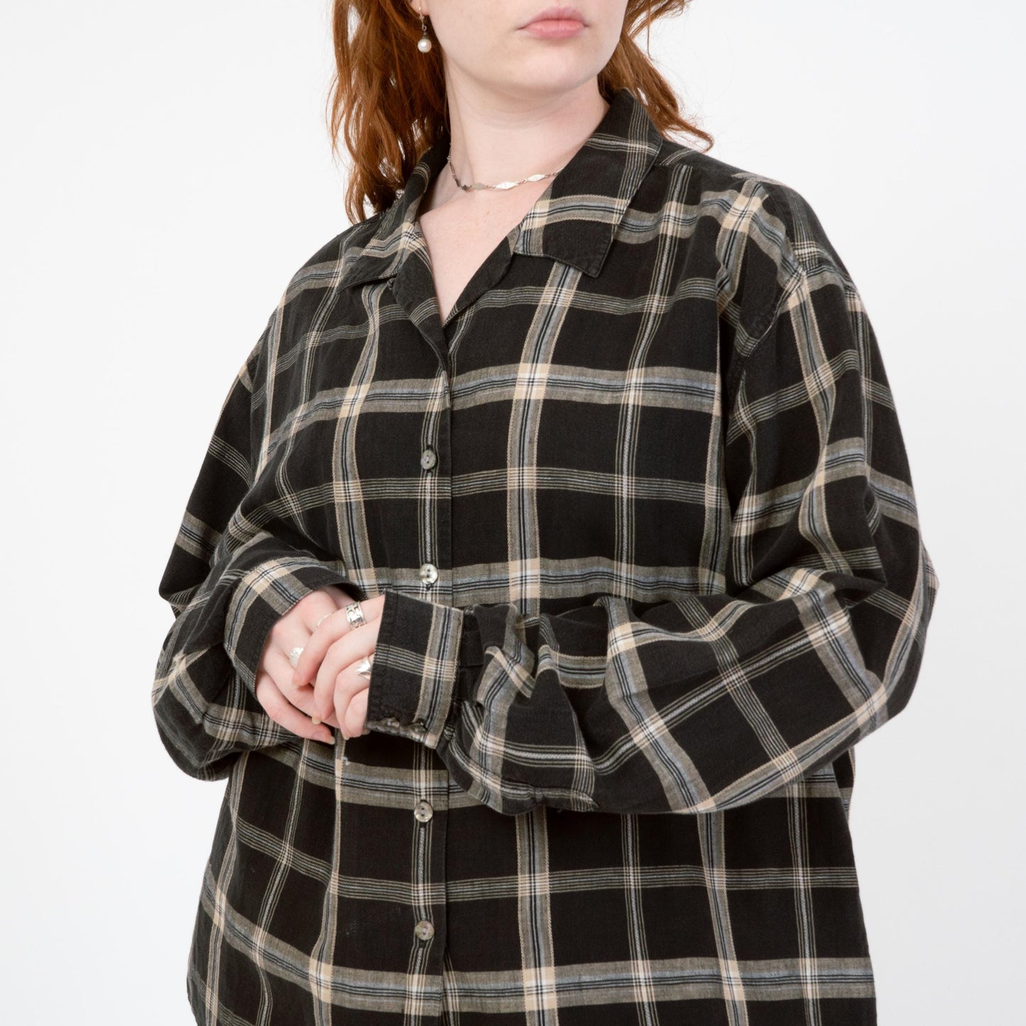 Vintage 90s Black & White Plaid Linen Shirt - Extra Large | Long Sleeve Collared Top