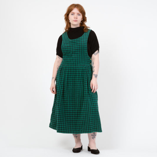 Vintage 90s Green Corduroy Pinafore Midi Dress - Medium | Sleeveless Drop Waist Grunge Dress