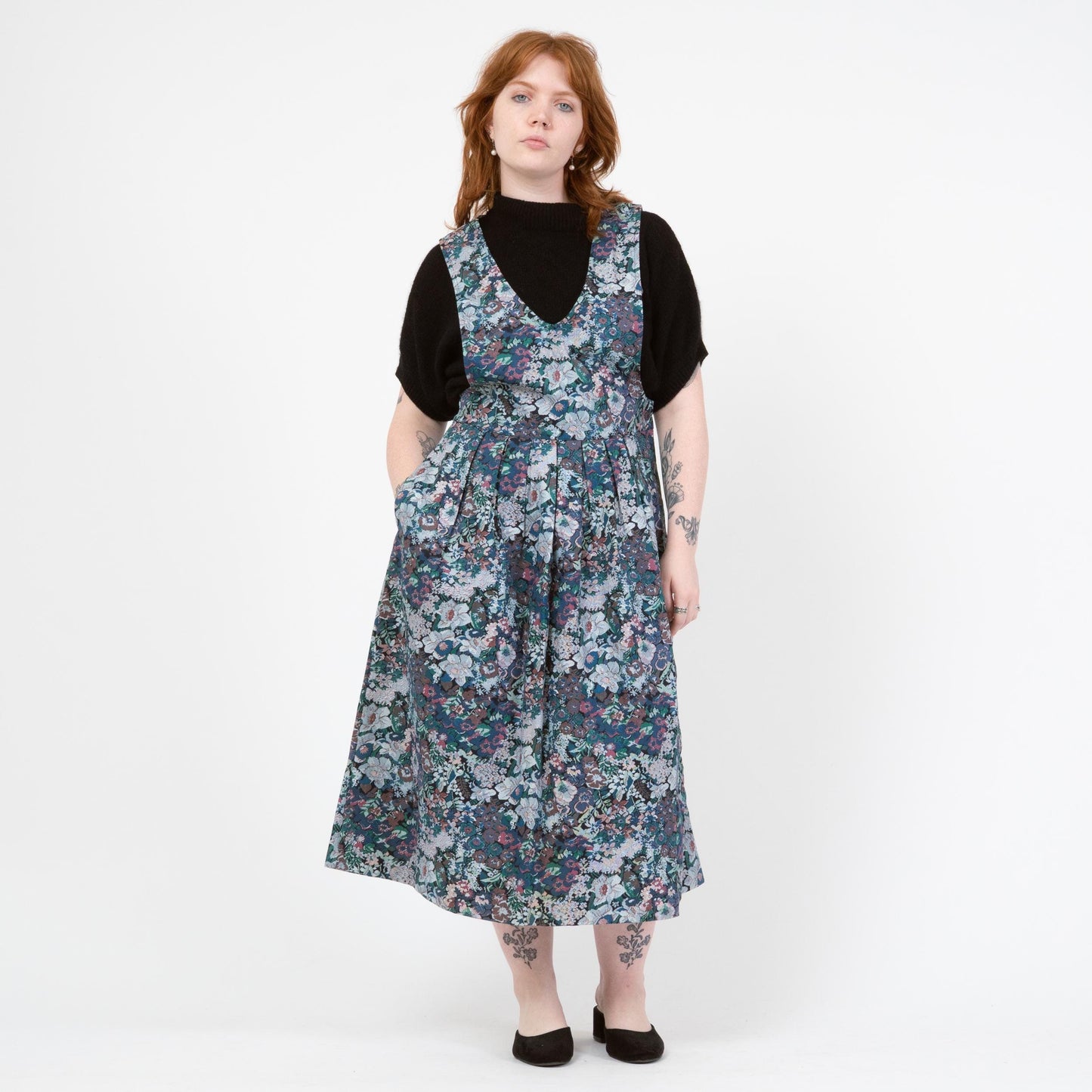 Vintage 80s Floral Tapestry Print Pinafore Midi Dress - Medium | Cottagecore Sleeveless Drop Waist Dress