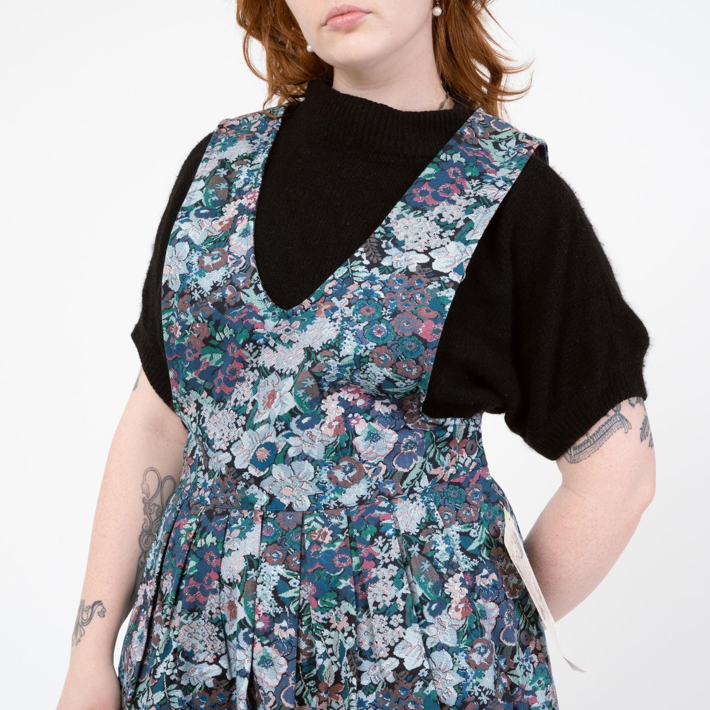 Vintage 80s Floral Tapestry Print Pinafore Midi Dress - Medium | Cottagecore Sleeveless Drop Waist Dress