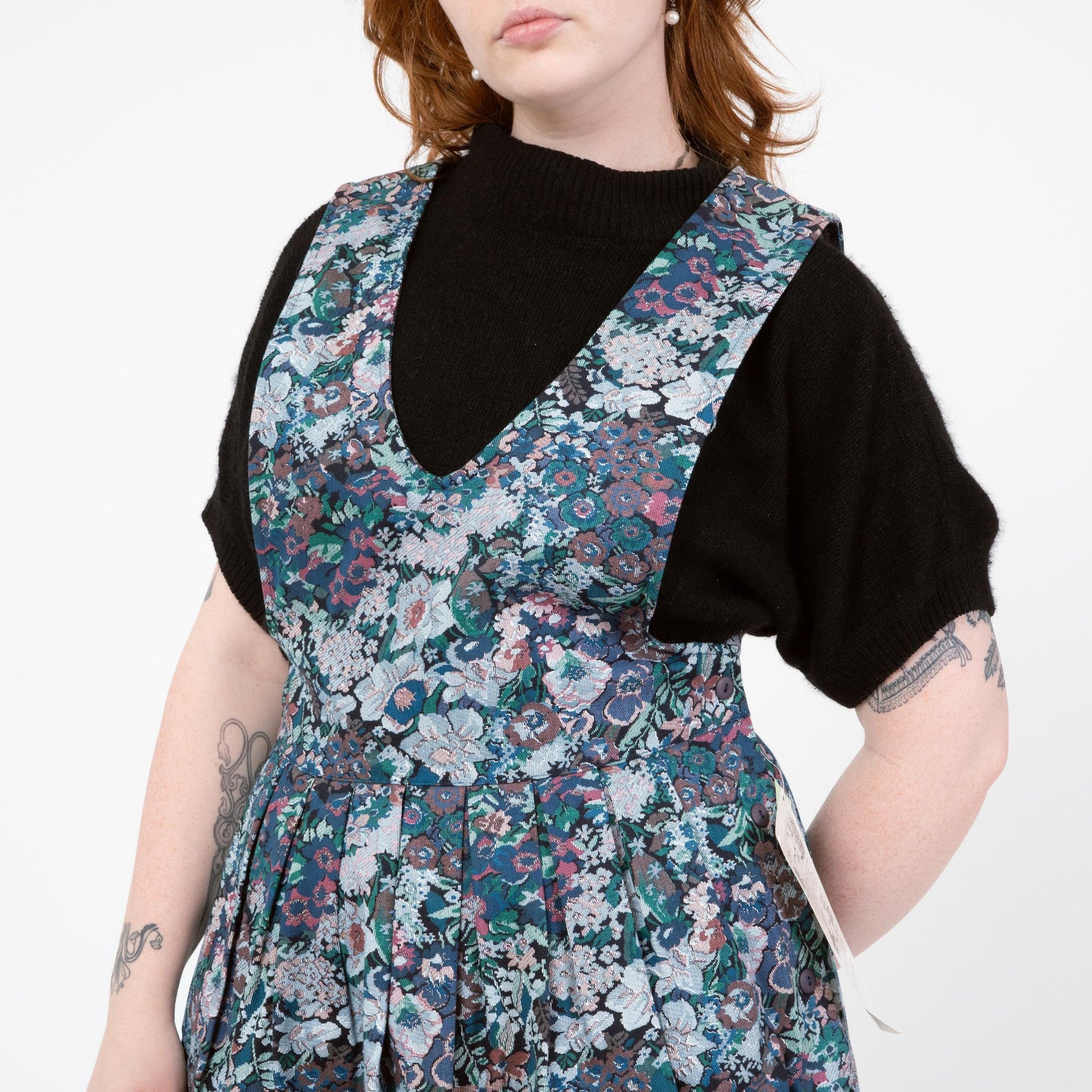 Vintage 80s Floral Tapestry Print Pinafore Midi Dress - Medium | Cottagecore Sleeveless Drop Waist Dress