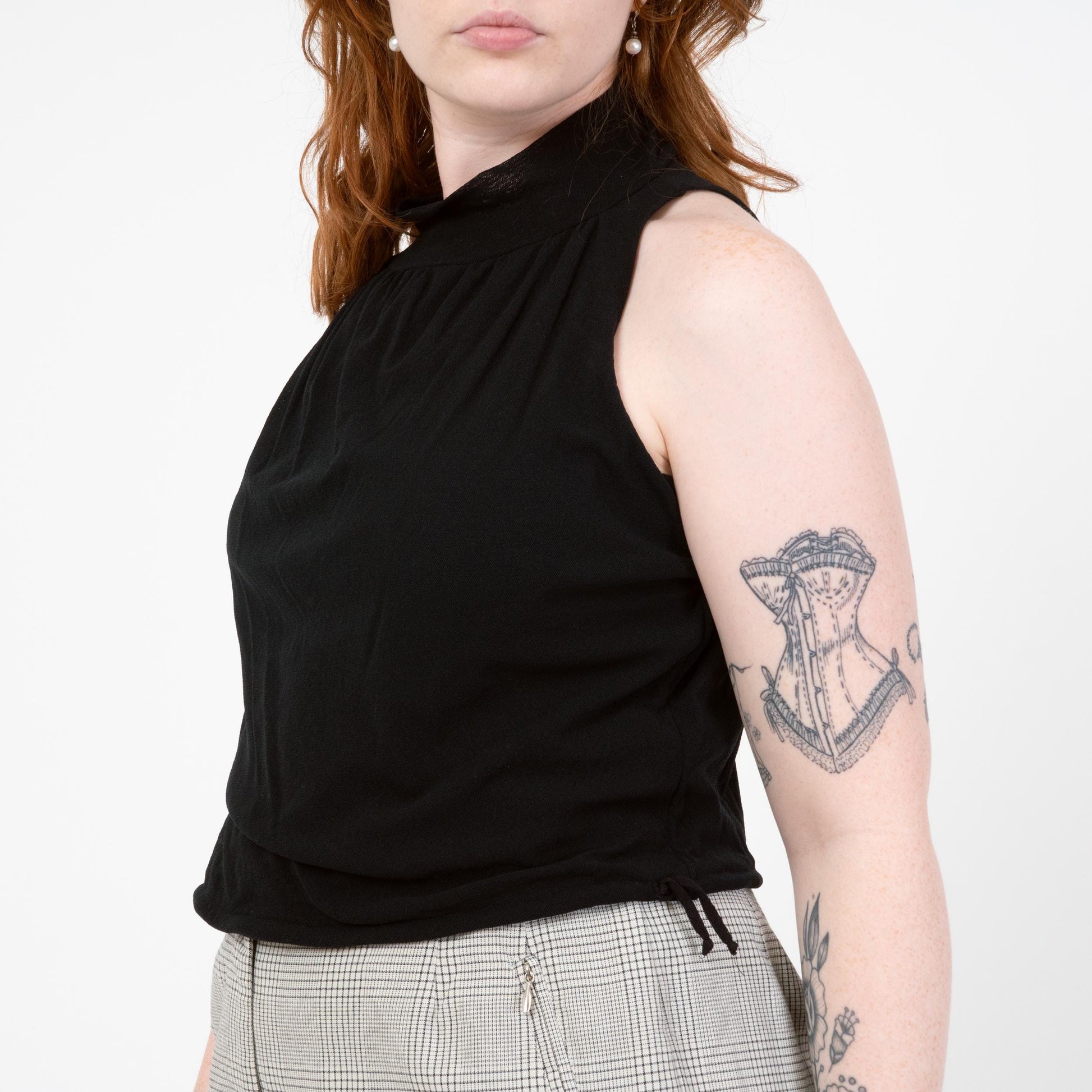 Vintage 90s Black Mesh Drawstring Waist Crop Top - Medium to Large | Minimalist Sleeveless Cropped Tank