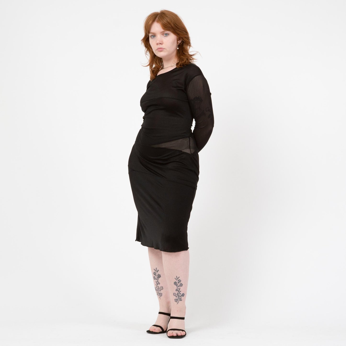 Vintage Y2K Black Sheer Panel Midi Dress - Medium to Large | Gothic Long Sleeve Cocktail Party Dress