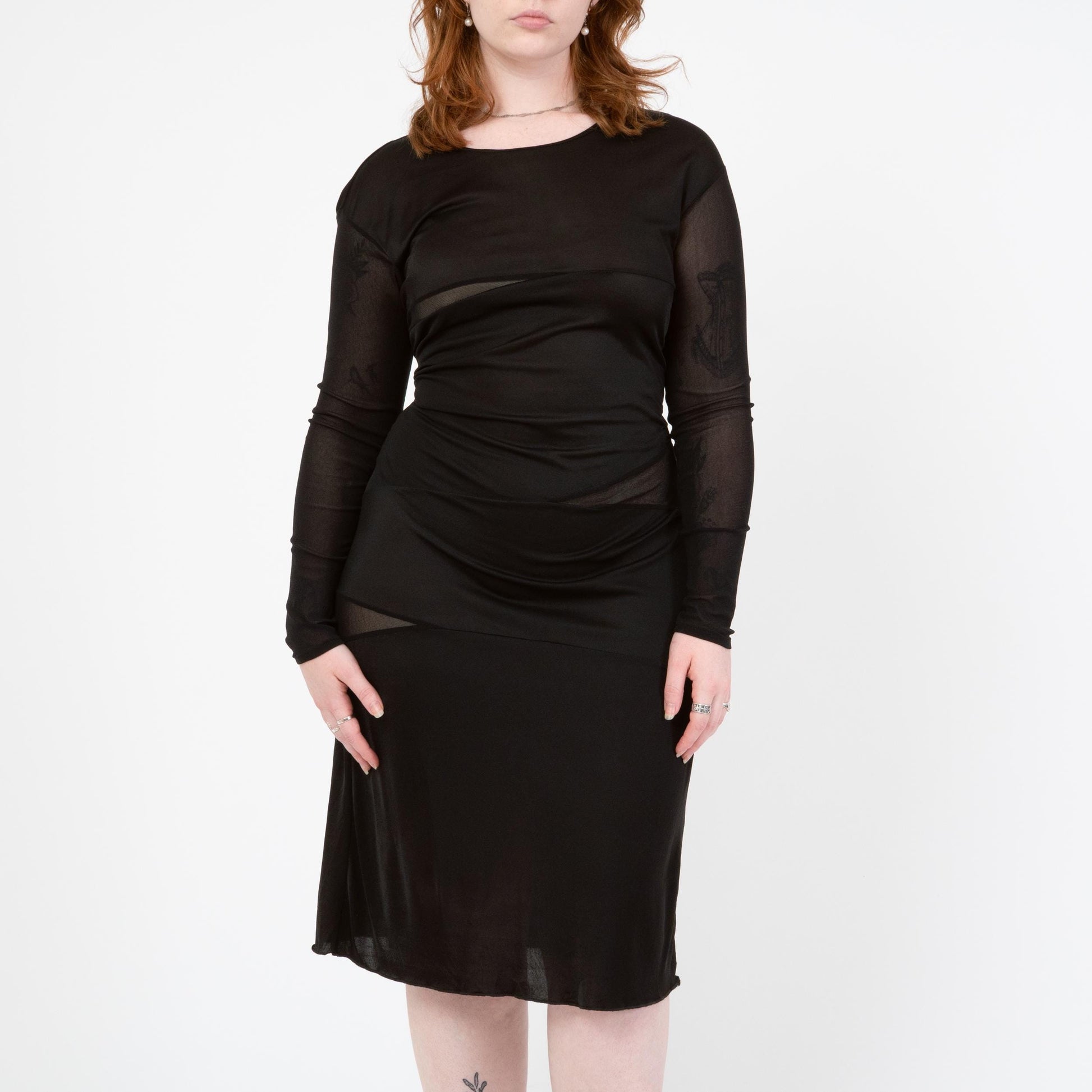 Vintage Y2K Black Sheer Panel Midi Dress - Medium to Large | Gothic Long Sleeve Cocktail Party Dress