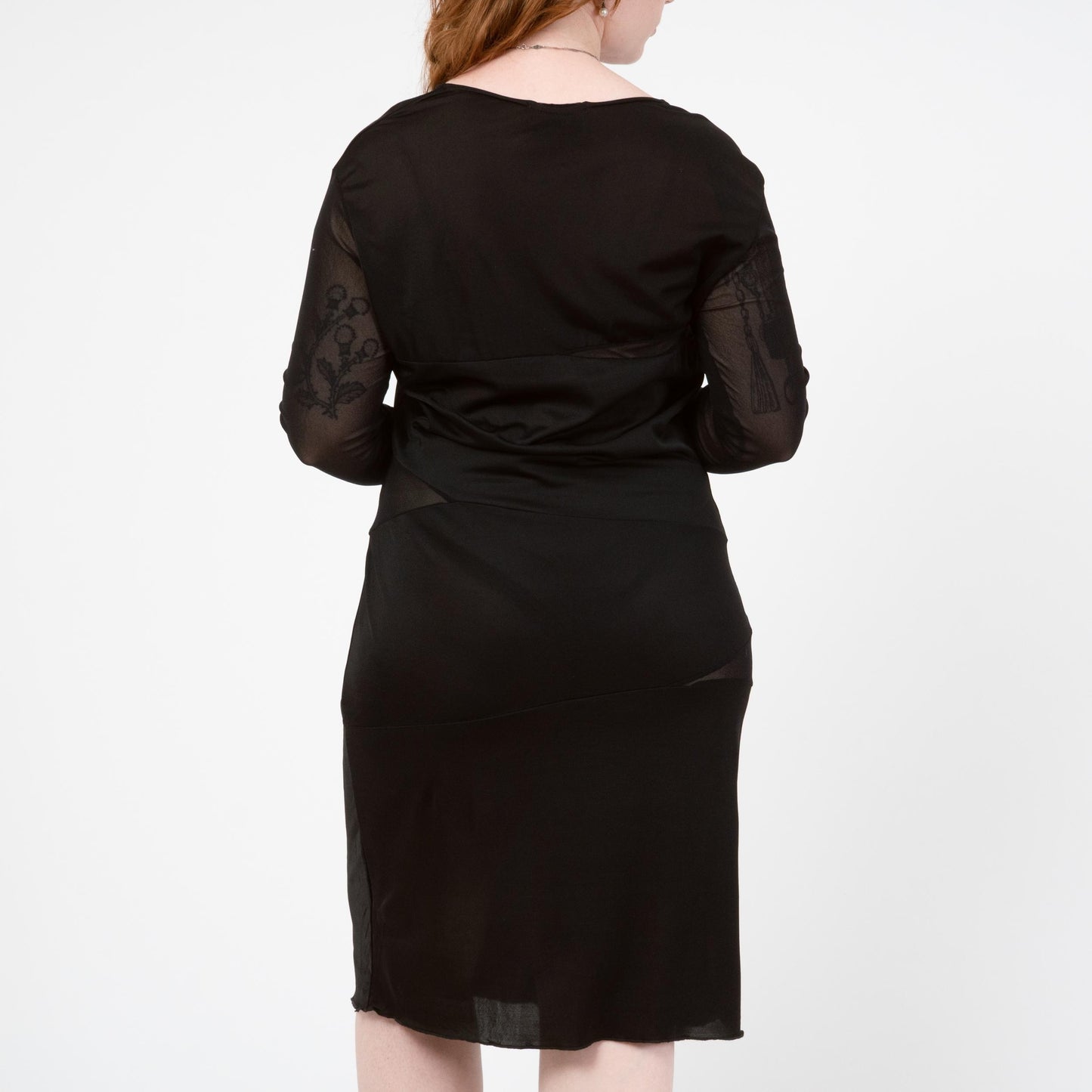 Vintage Y2K Black Sheer Panel Midi Dress - Medium to Large | Gothic Long Sleeve Cocktail Party Dress