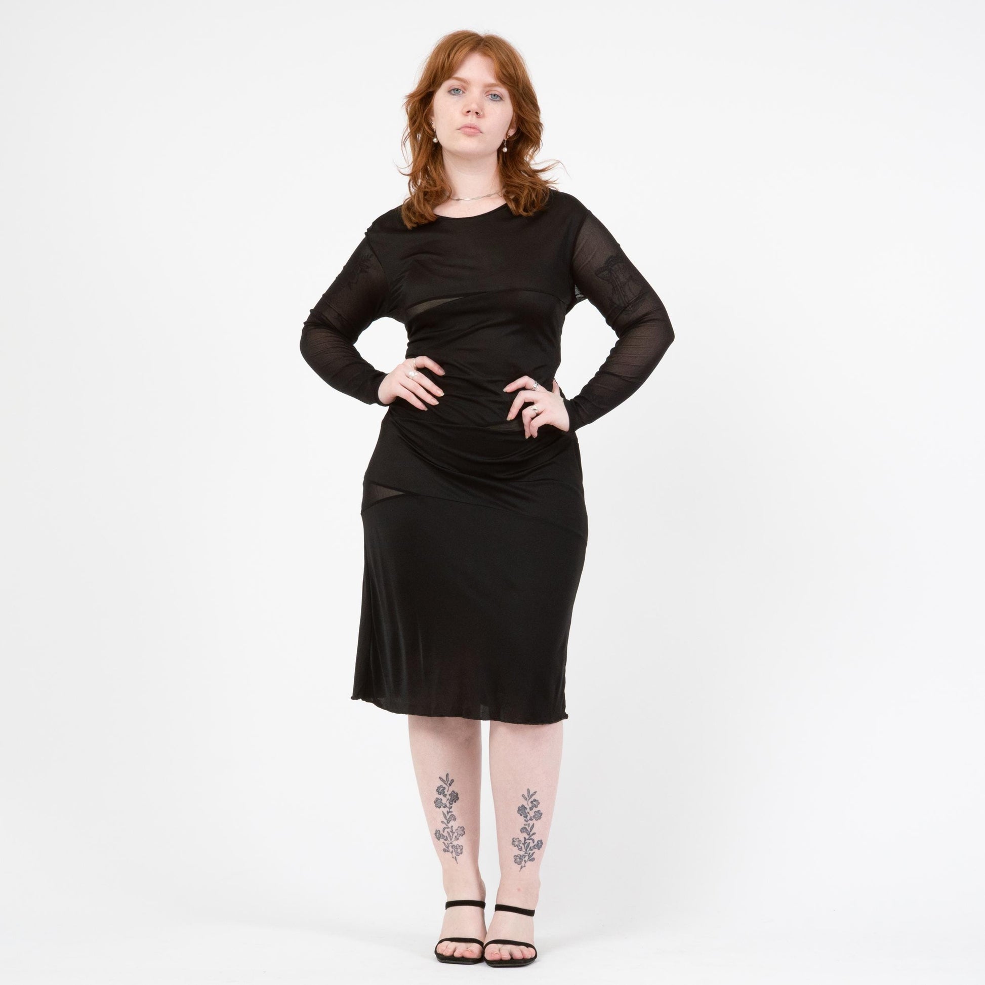 Vintage Y2K Black Sheer Panel Midi Dress - Medium to Large | Gothic Long Sleeve Cocktail Party Dress