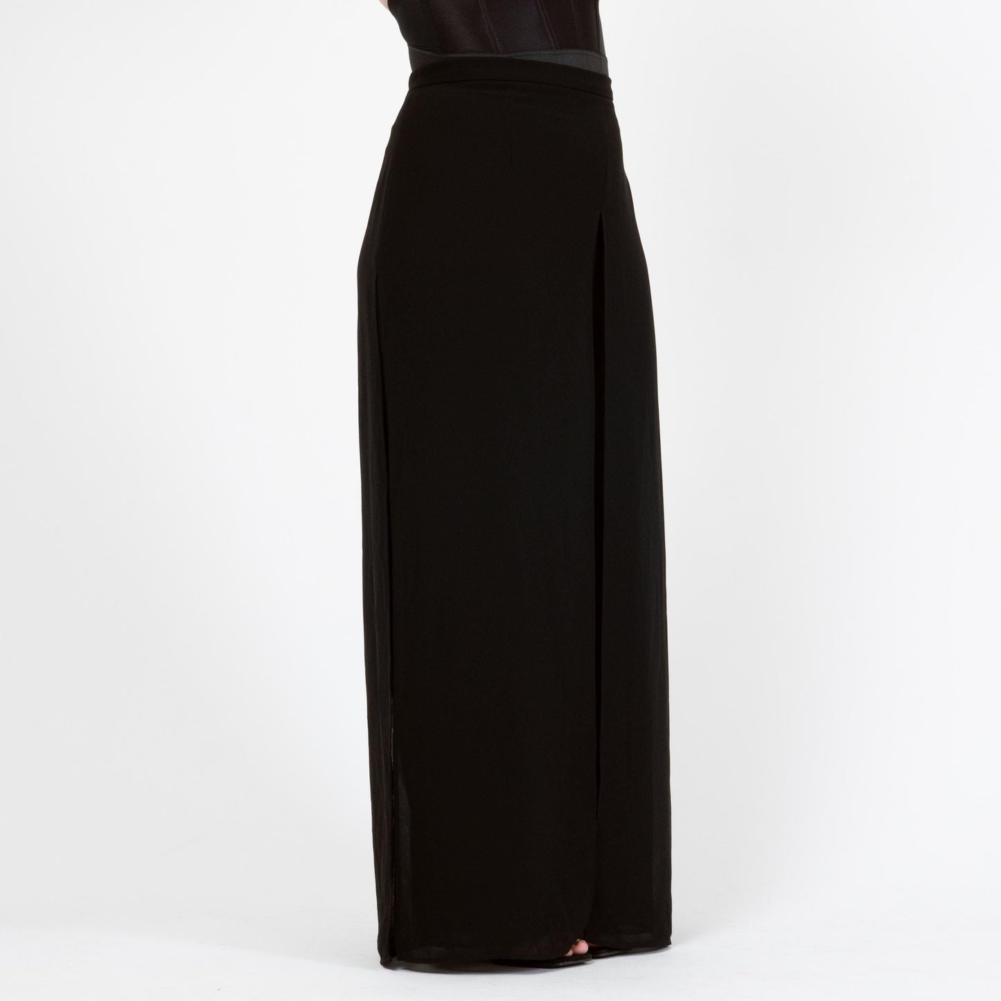 Vintage 90s Black Chiffon Sheer Illusion Pants - Extra Large | High Waisted Wide Leg Formal Palazzo Trousers