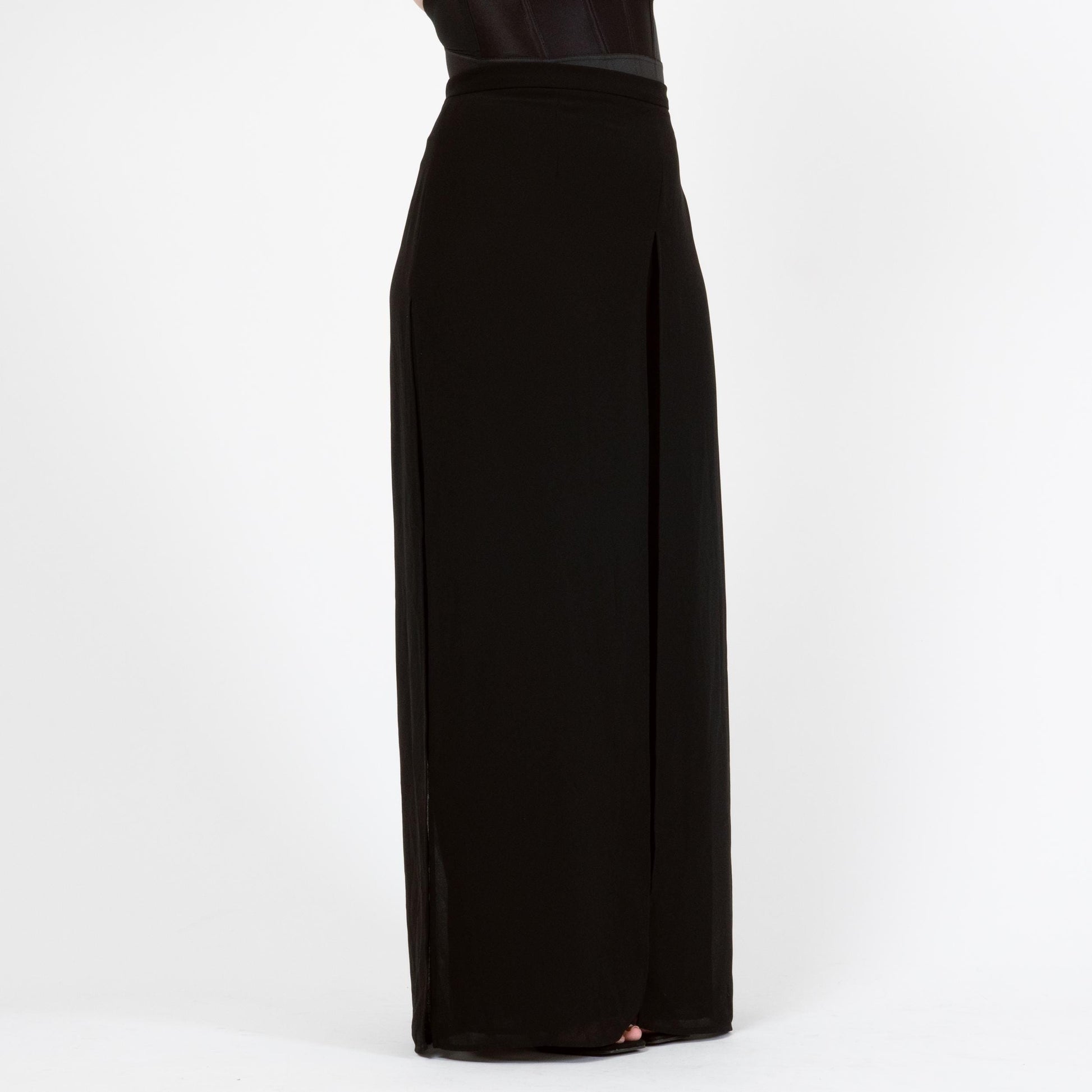 Vintage 90s Black Chiffon Sheer Illusion Pants - Extra Large | High Waisted Wide Leg Formal Palazzo Trousers