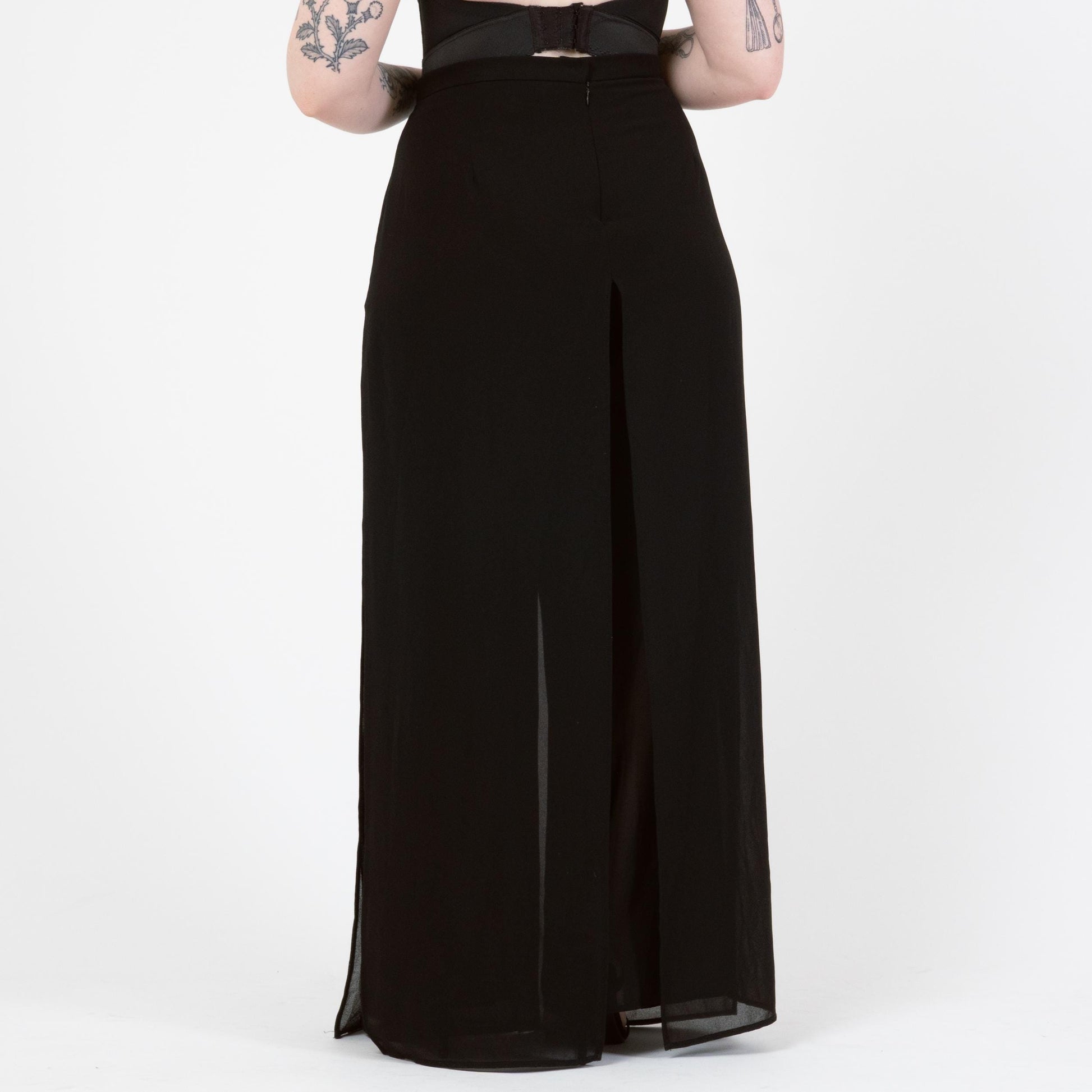 Vintage 90s Black Chiffon Sheer Illusion Pants - Extra Large | High Waisted Wide Leg Formal Palazzo Trousers