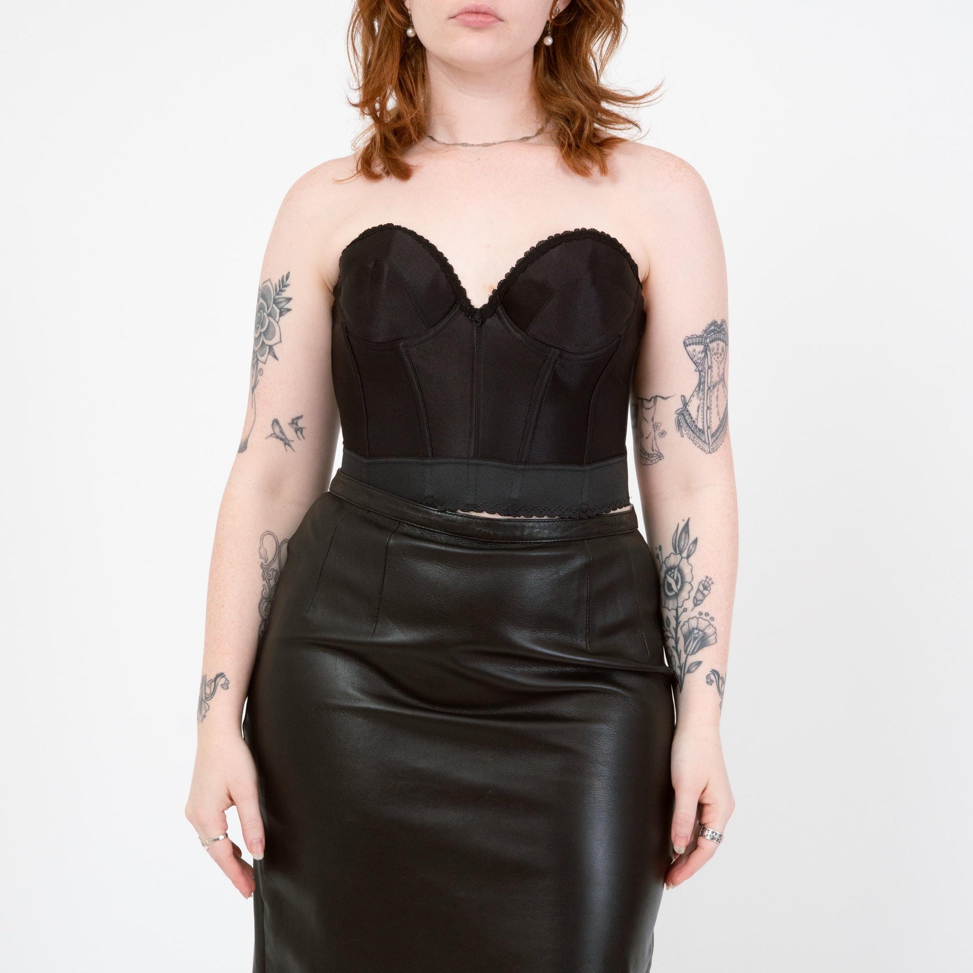 Vintage 80s Black Satin Bustier - 36B | Strapless Corset Longline Bra Pin Up Lingerie Top