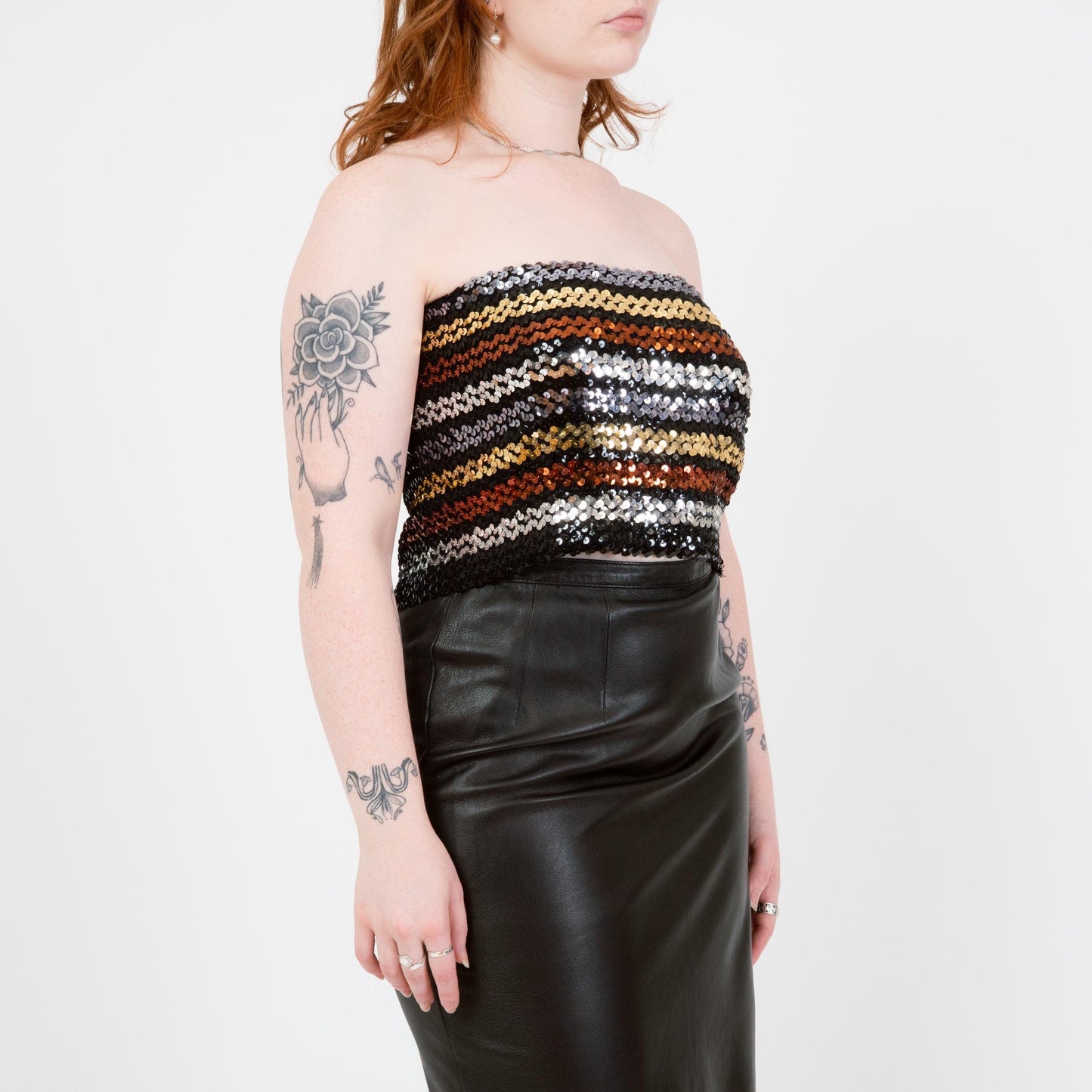 Vintage 70s Striped Sequin Disco Tube Top - Large to XL | Showgirl Strapless Pin Up Crop Top