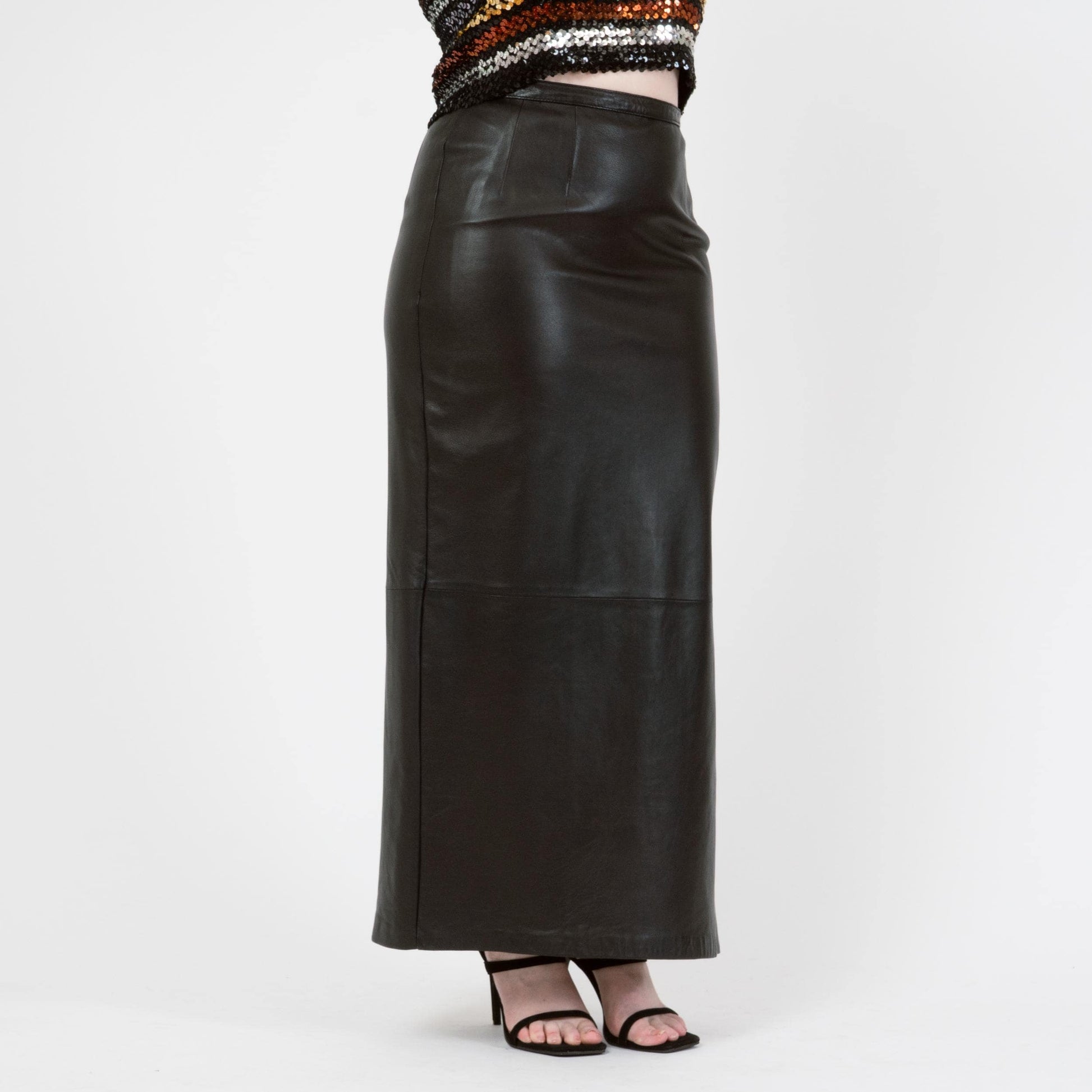 Vintage Y2K Black Leather Side Slit Maxi Skirt - Medium, 31" Waist | High Waisted Long Skirt