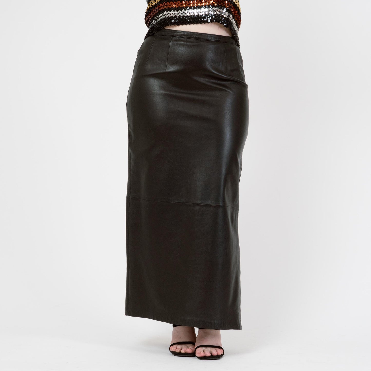 Vintage Y2K Black Leather Side Slit Maxi Skirt - Medium, 31" Waist | High Waisted Long Skirt