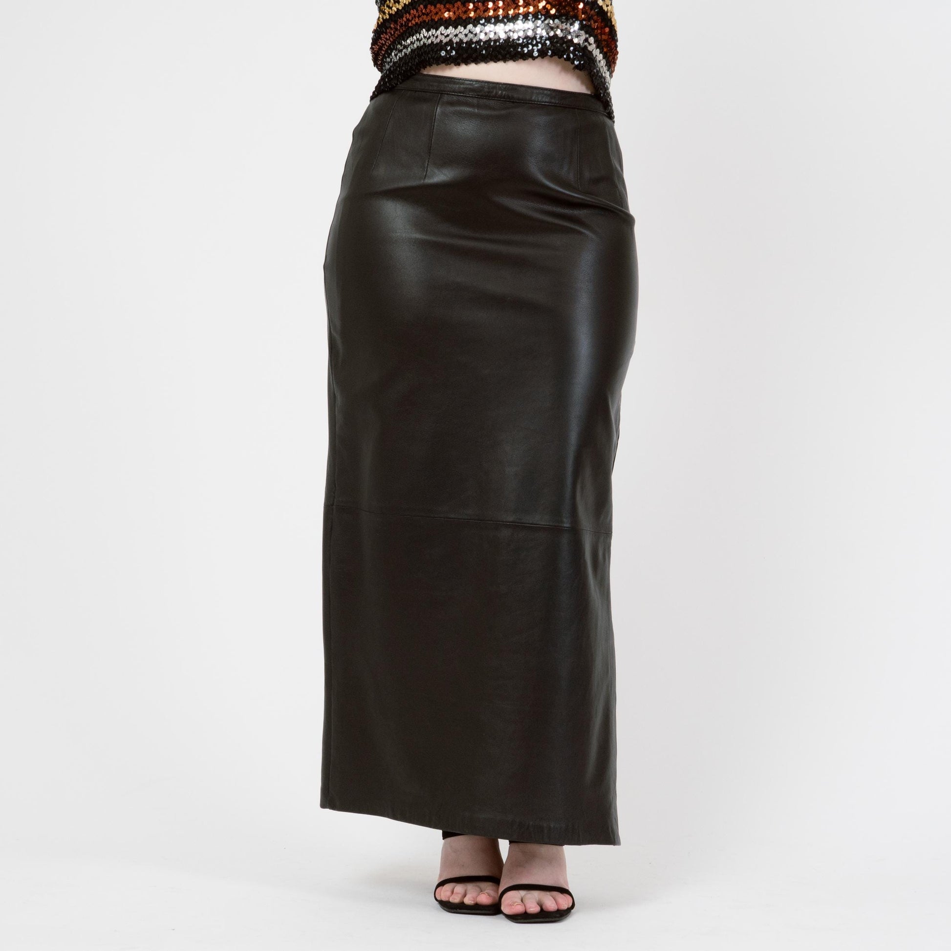 Vintage Y2K Black Leather Side Slit Maxi Skirt - Medium, 31" Waist | High Waisted Long Skirt