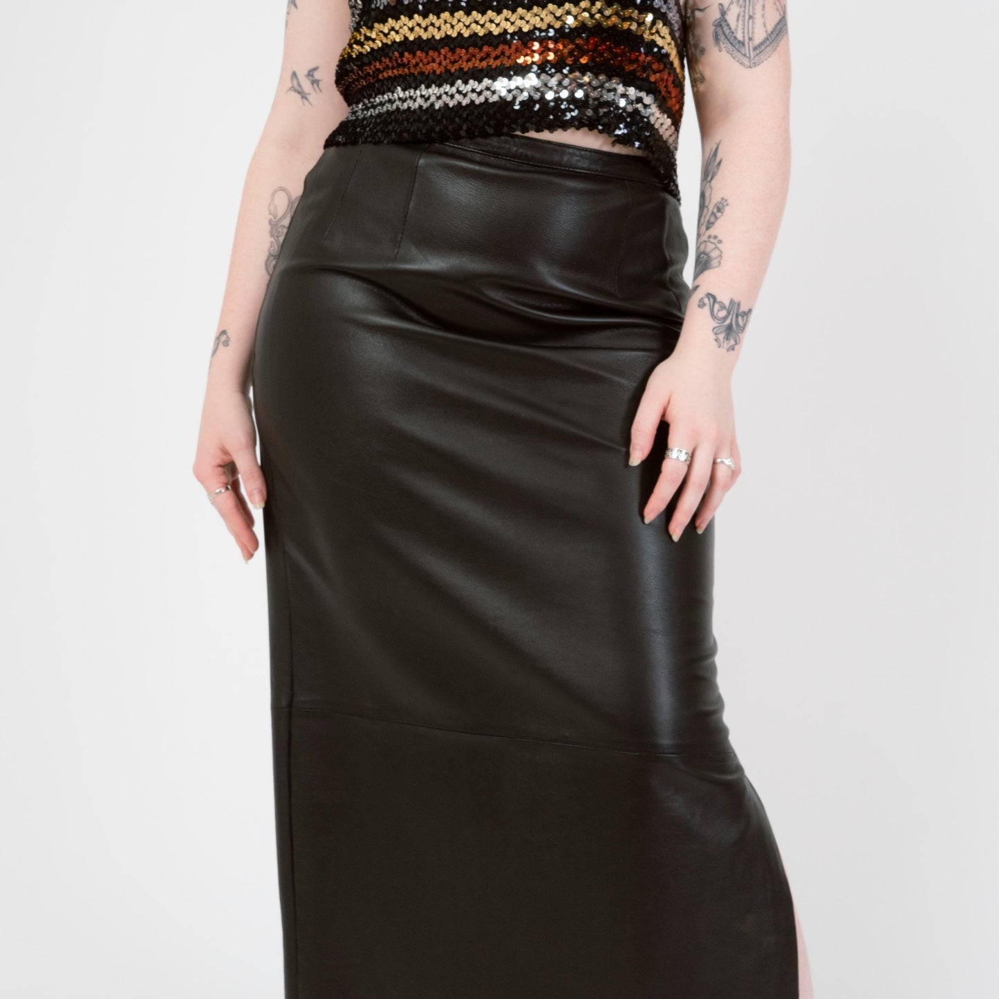 Vintage Y2K Black Leather Side Slit Maxi Skirt - Medium, 31" Waist | High Waisted Long Skirt