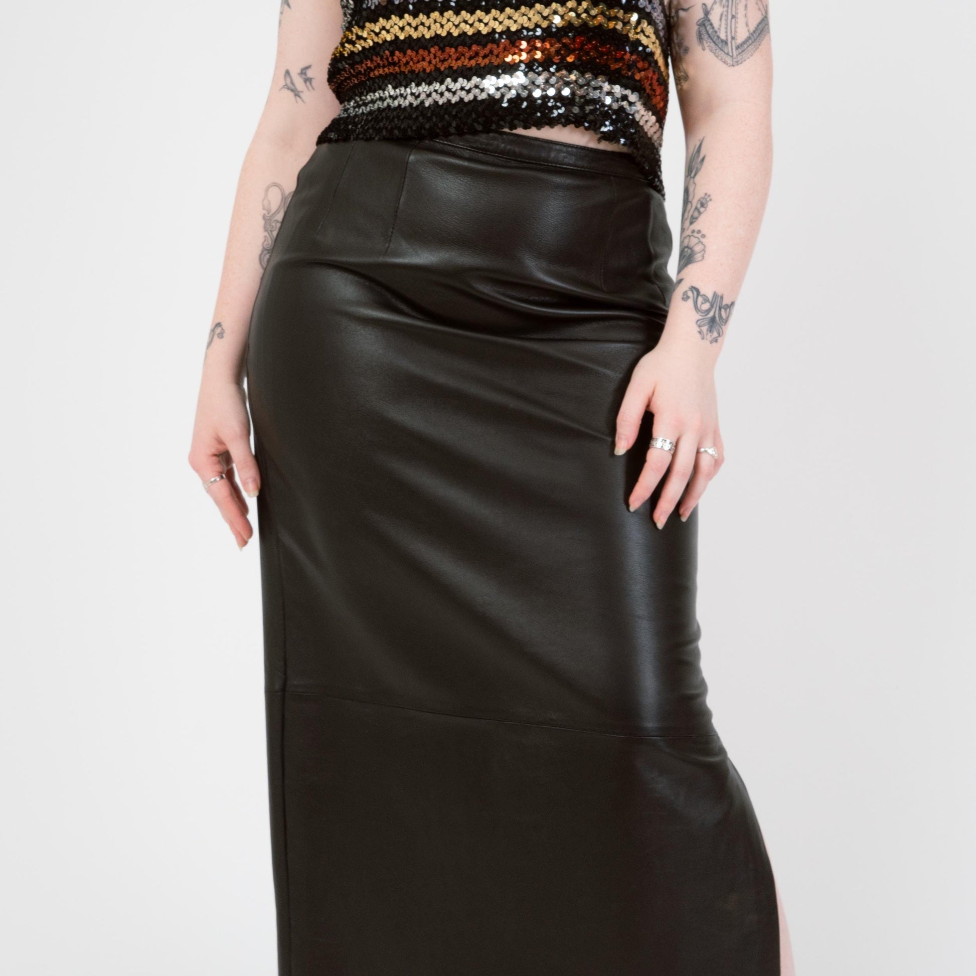 Vintage Y2K Black Leather Side Slit Maxi Skirt - Medium, 31" Waist | High Waisted Long Skirt