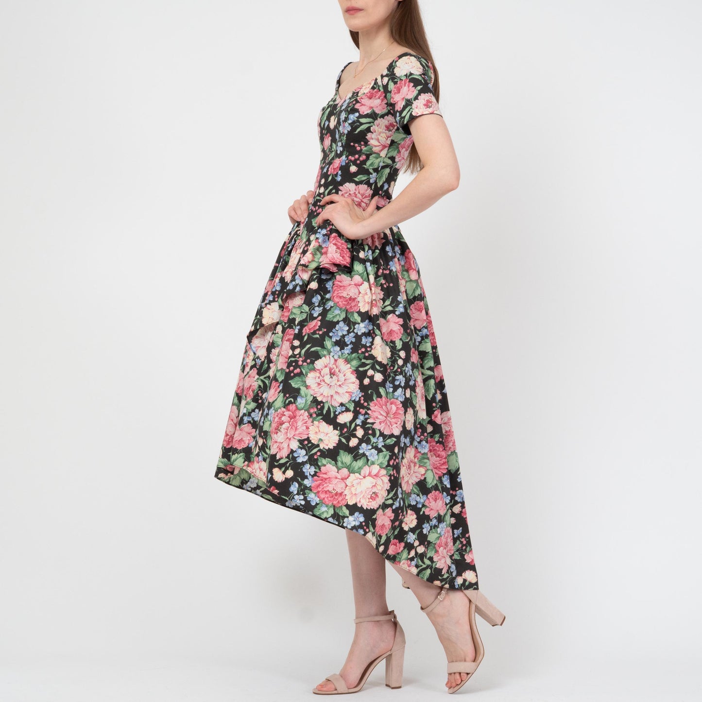 Vintage 80s Loralie Floral High-Low Party Dress - Extra Small | Fit & Flare Off-Shoulder Cottagecore Midi Gown