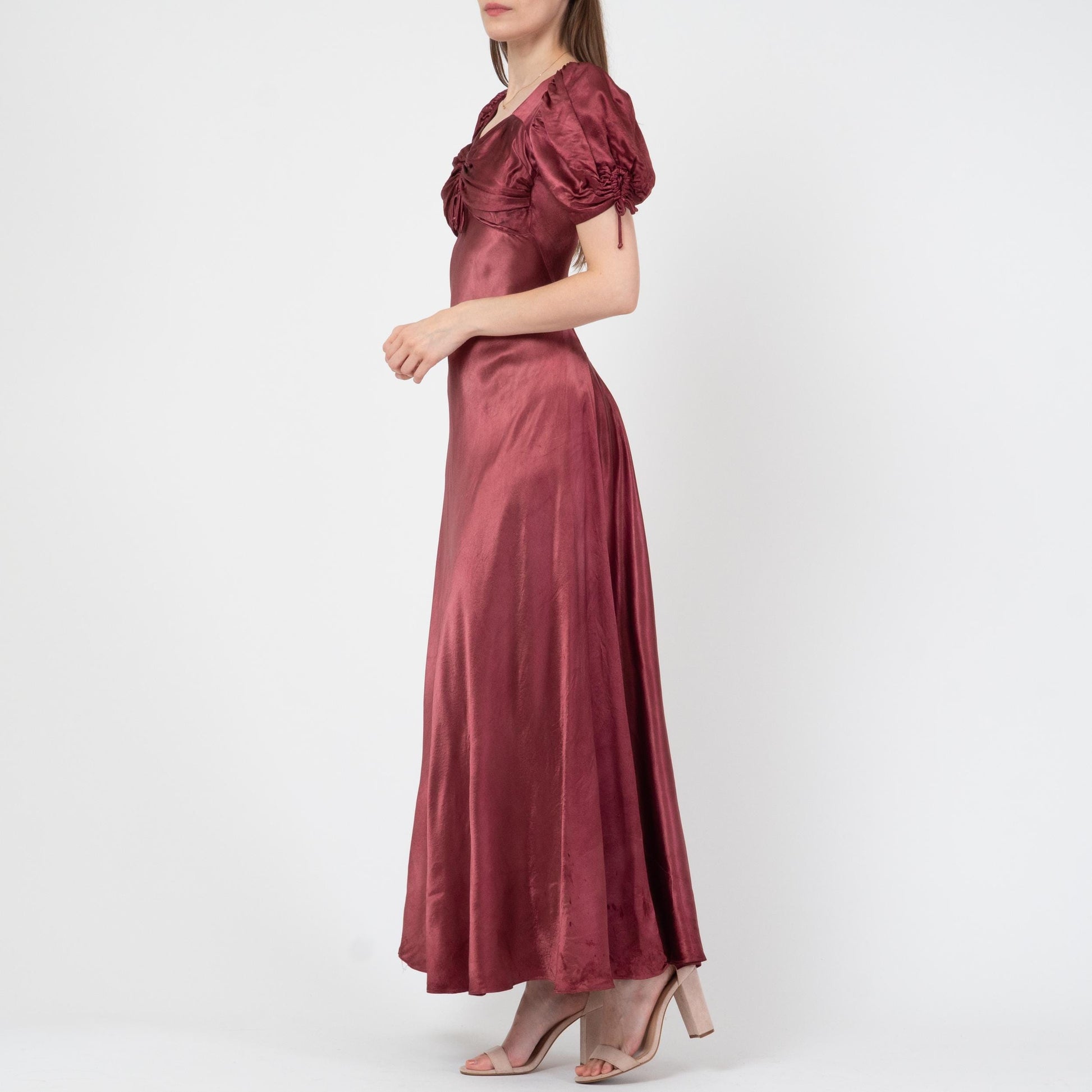 Vintage 30s Wine Red Satin Puff Sleeve Evening Gown, As Is - Extra Small | 1930s Bias Cut Maxi Dress
