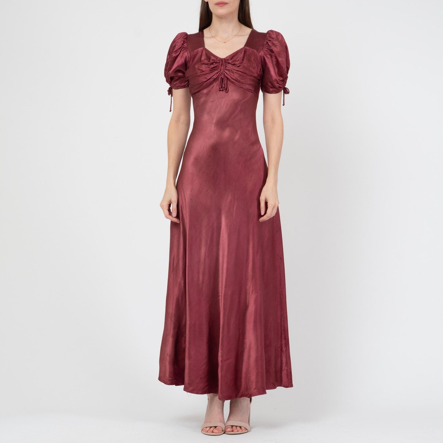 Vintage 30s Wine Red Satin Puff Sleeve Evening Gown, As Is - Extra Small | 1930s Bias Cut Maxi Dress