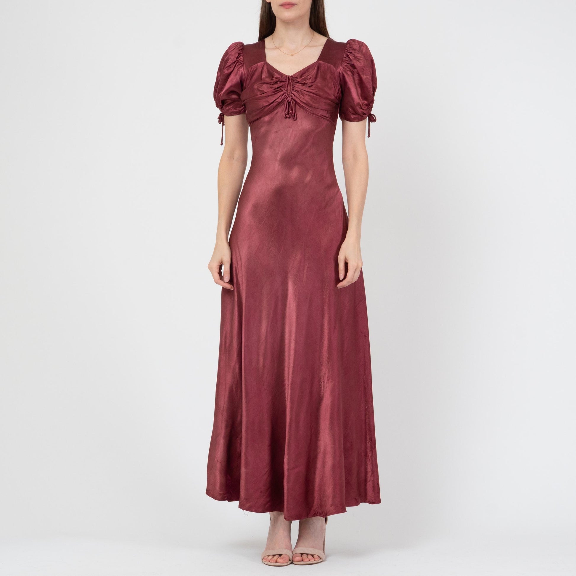 Vintage 30s Wine Red Satin Puff Sleeve Evening Gown, As Is - Extra Small | 1930s Bias Cut Maxi Dress