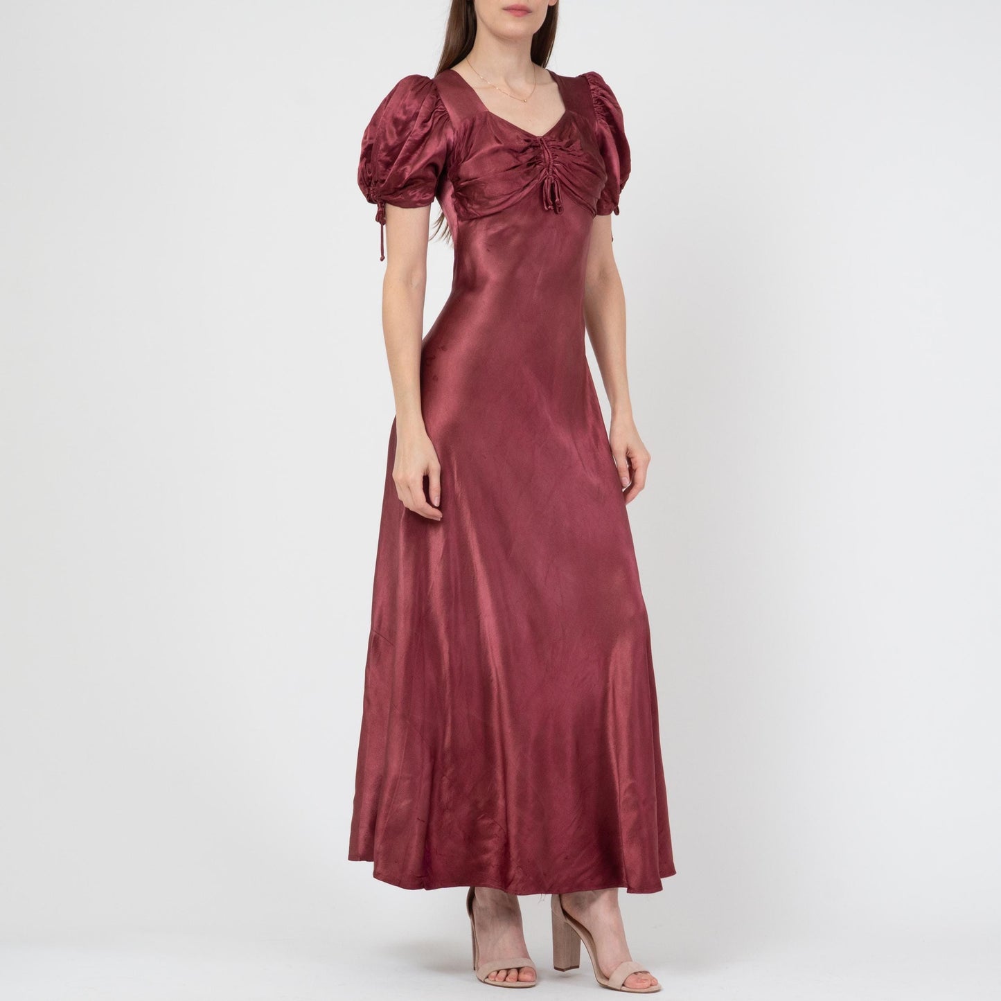 Vintage 30s Wine Red Satin Puff Sleeve Evening Gown, As Is - Extra Small | 1930s Bias Cut Maxi Dress