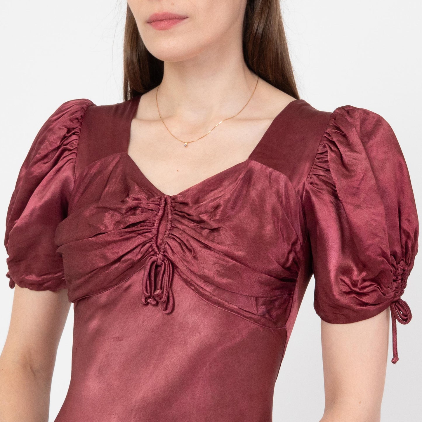 Vintage 30s Wine Red Satin Puff Sleeve Evening Gown, As Is - Extra Small | 1930s Bias Cut Maxi Dress