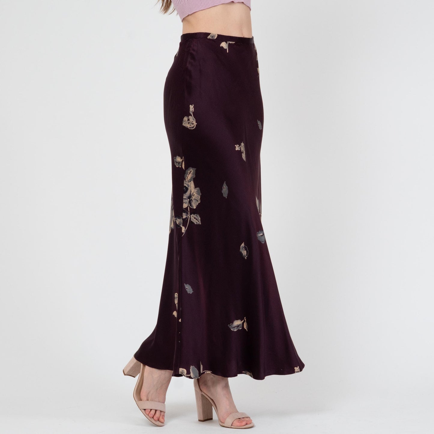 Vintage 90s Plum Floral Silk Satin Maxi Skirt - Small | Bias Cut High Waisted Boho Slip Skirt