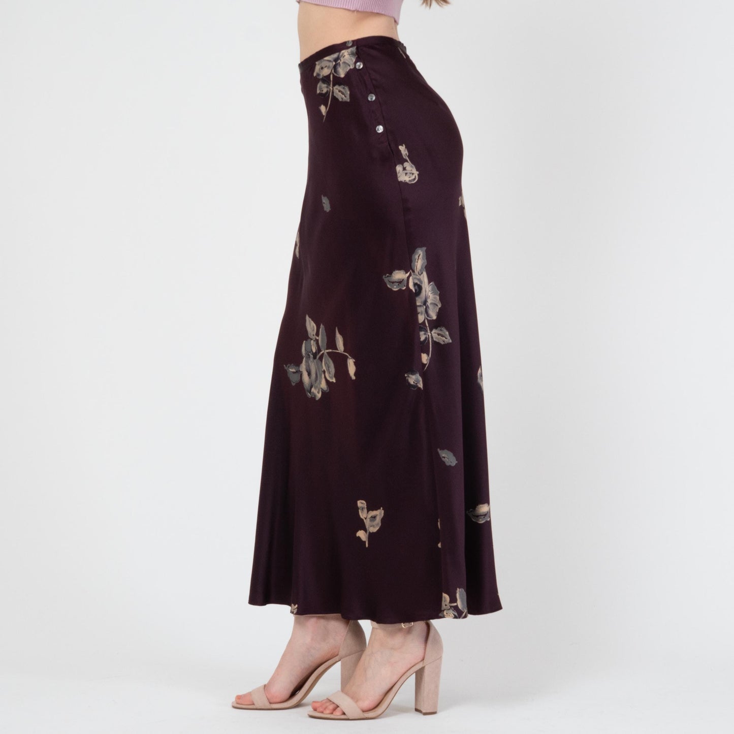 Vintage 90s Plum Floral Silk Satin Maxi Skirt - Small | Bias Cut High Waisted Boho Slip Skirt
